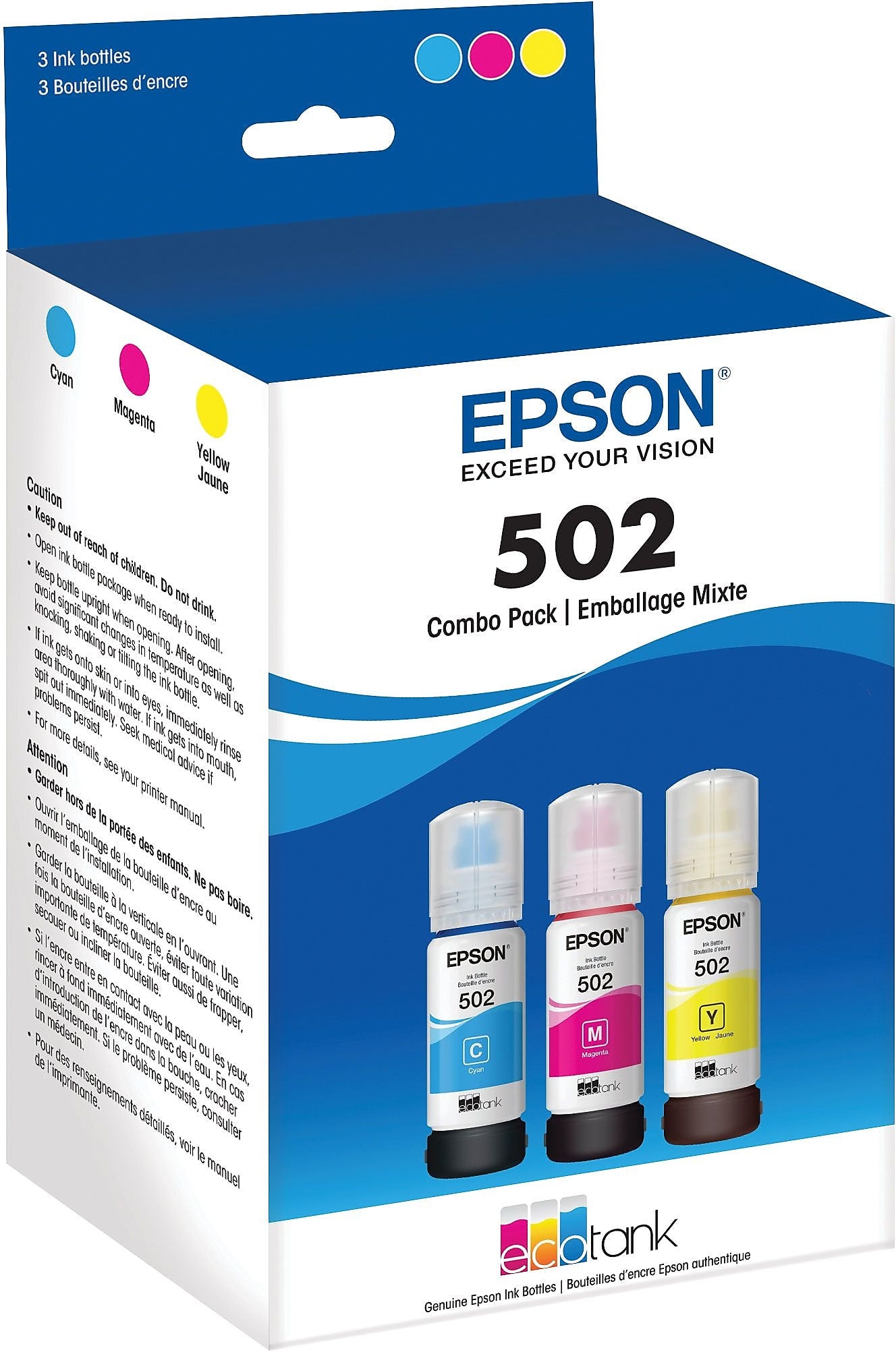 Epson T502 Cyan/Magenta/Yellow Standard Yield Ink Cartridge Refill, 3/Pack (T502520-S)