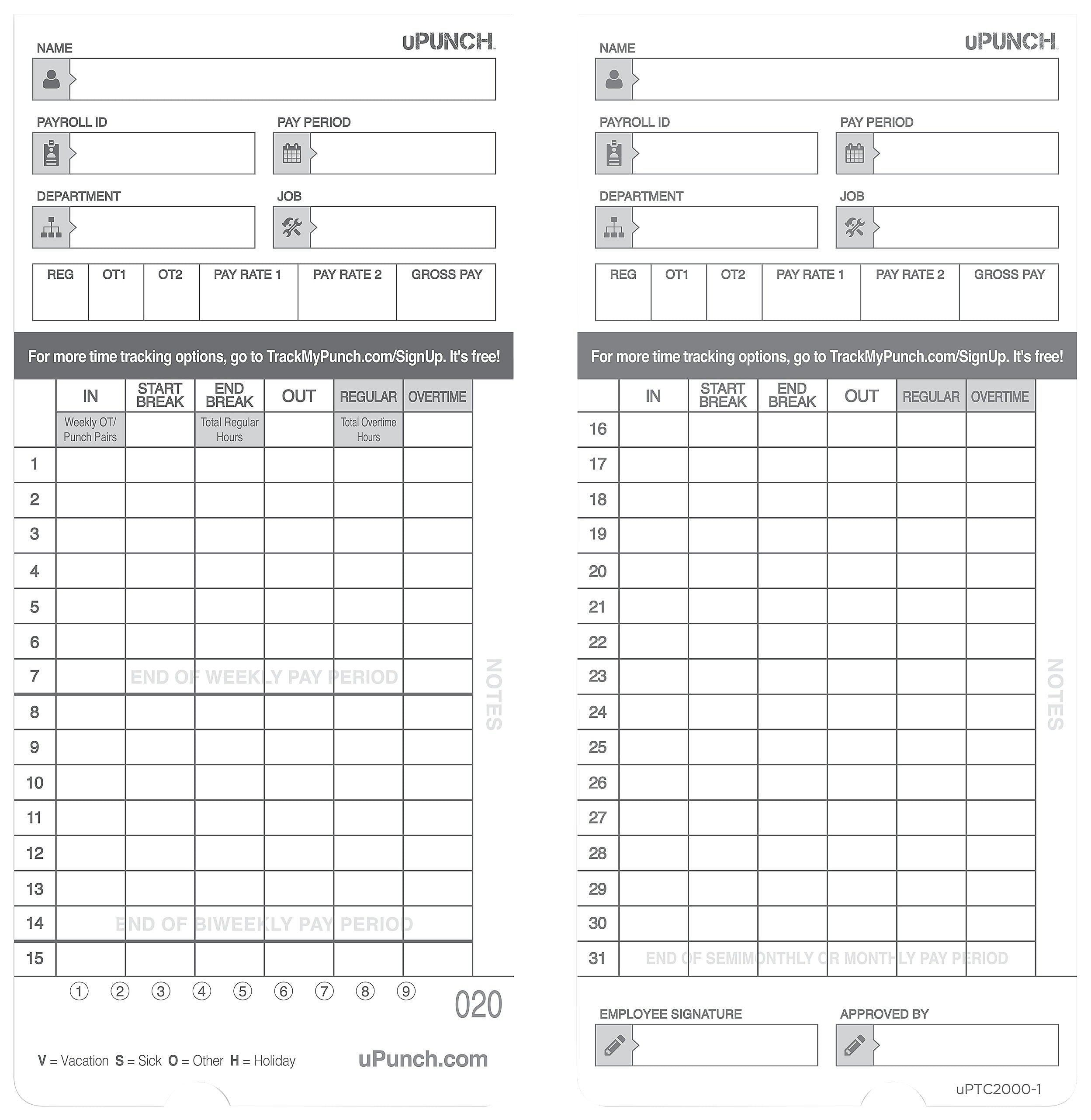 uPunch Time Cards for HN4000 Time Clock, 50 per pack (HNTCL2050)