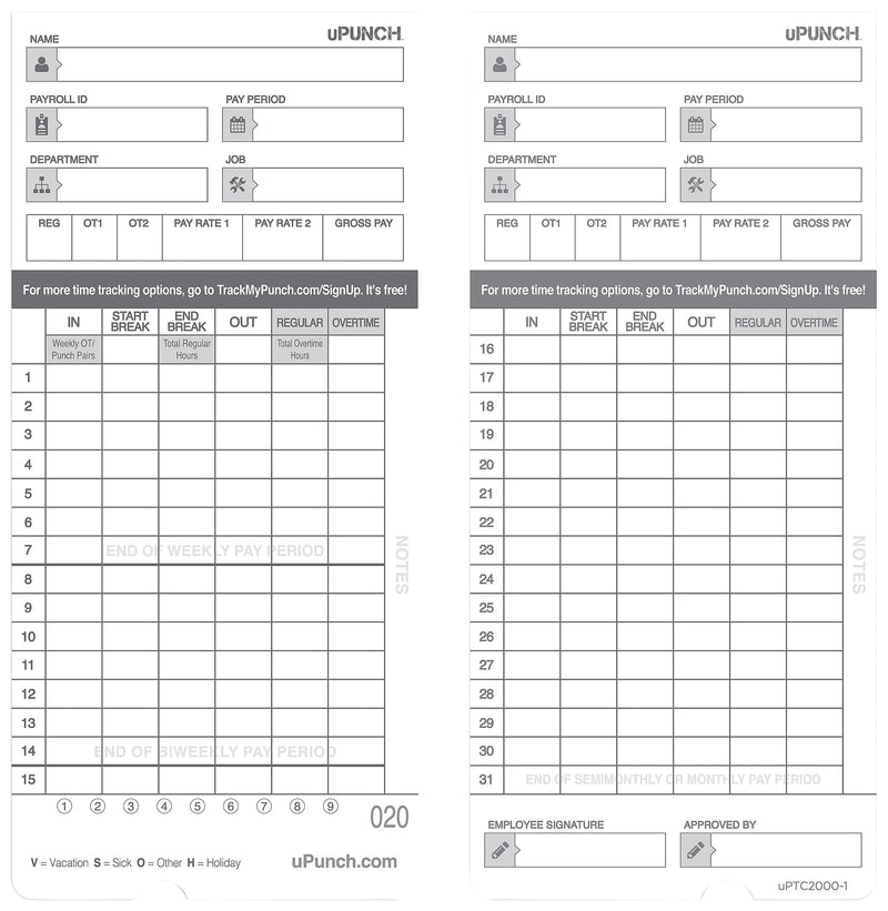 uPunch Time Cards for HN4000 Time Clock, 50 per pack (HNTCL2050)