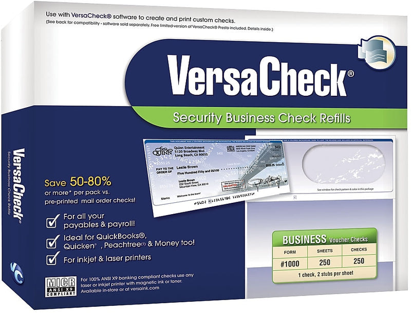 VersaCheck 8.5" x 11" Business Custom Checks, Blue, 250 Sheets/Pack (GLO921800F006)
