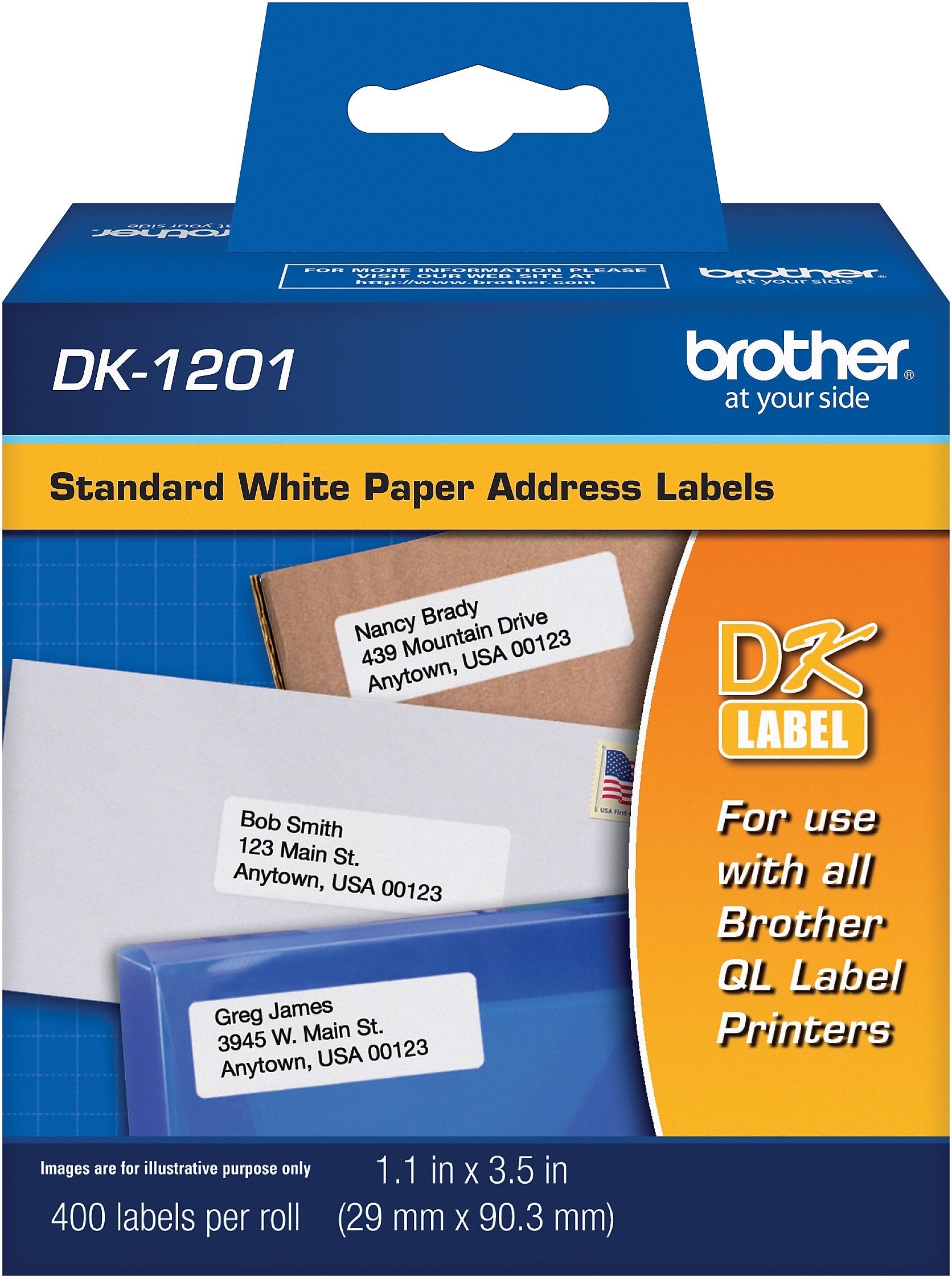 Brother DK-1201 Standard Address Paper Labels, 3-1/2" x 1-1/10", Black on White, 400 Labels/Roll (DK-1201)