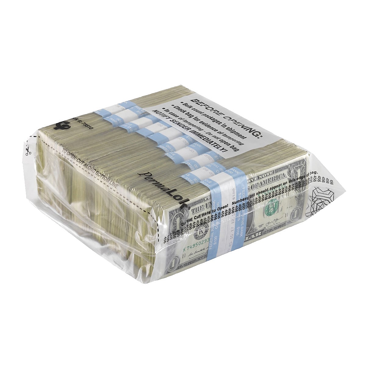 Currency Bag, Black Print, 1,000 Note (10 Strap), 9.375” x 8” x 3” Bottom Gusset, 250/Pk