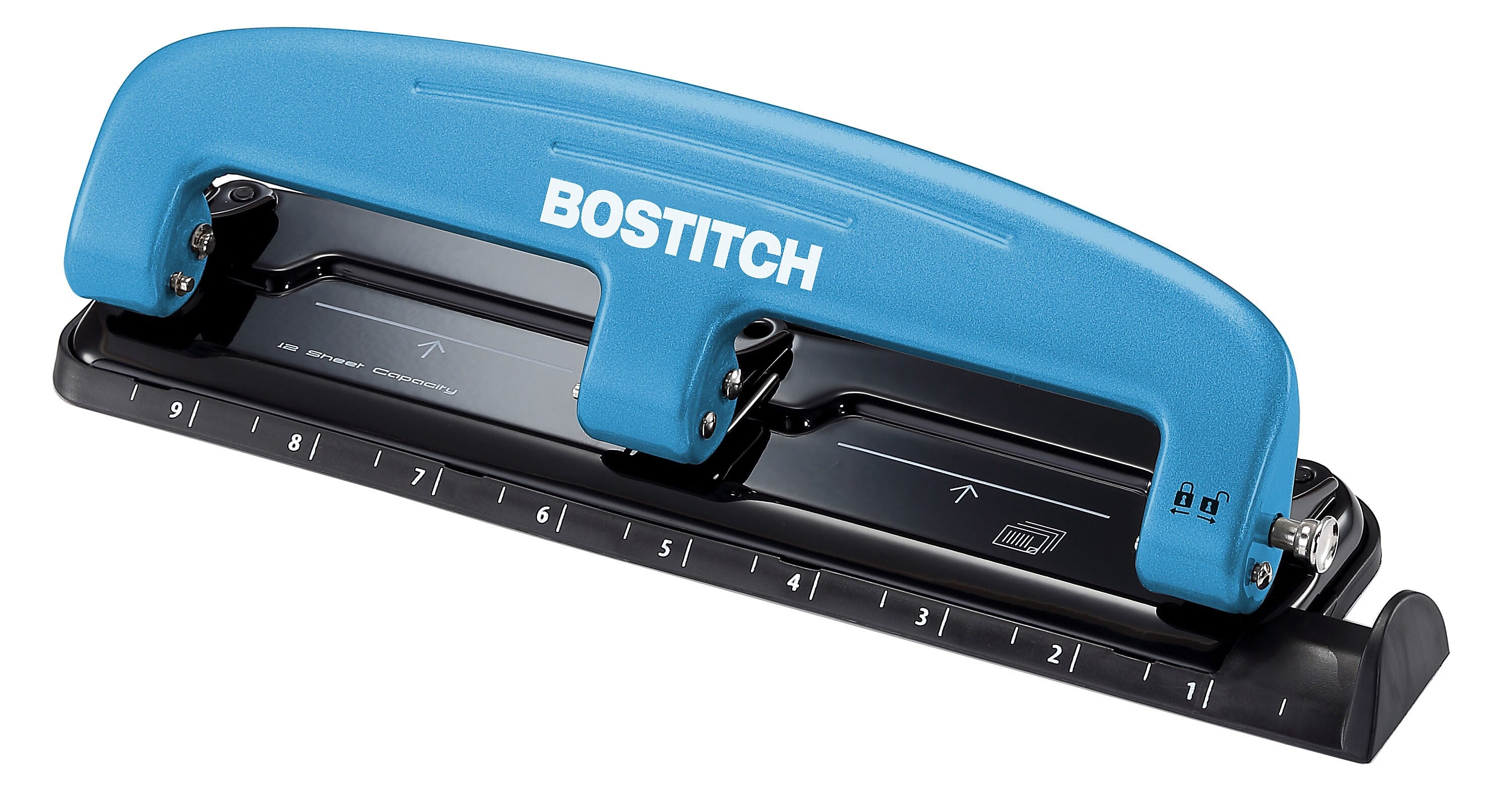 Bostitch EZ Squeeze™ Three-Hole Punch, 12-Sheet, Blue/Black