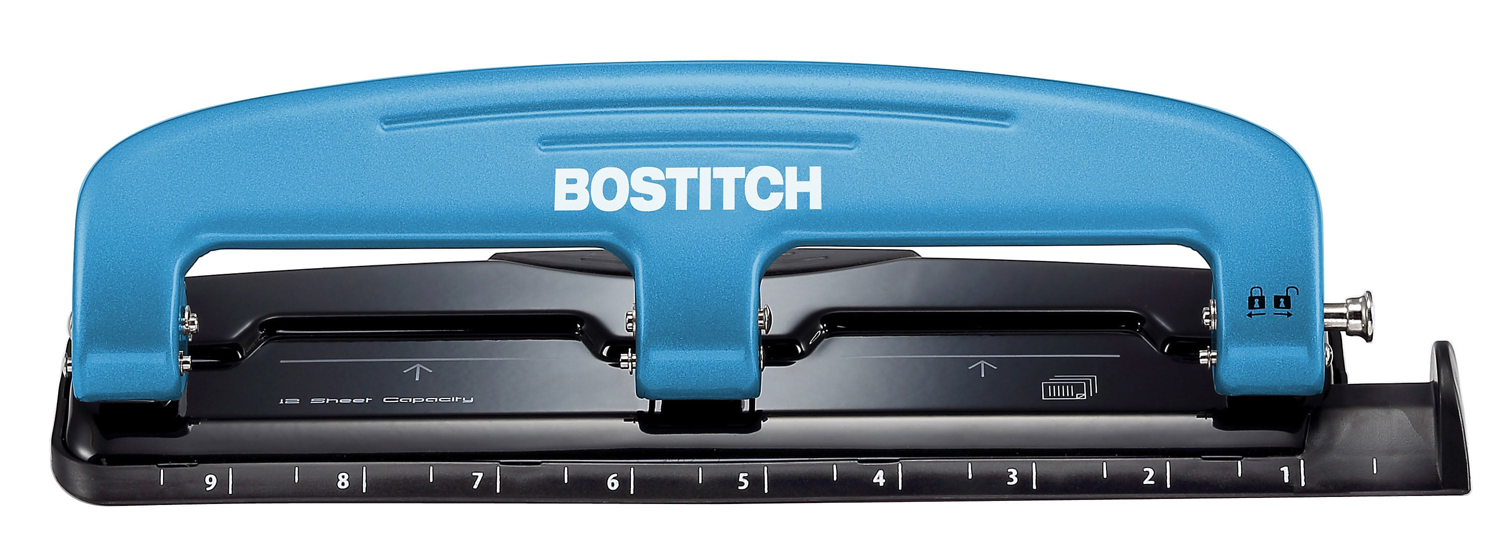 Bostitch EZ Squeeze™ Three-Hole Punch, 12-Sheet, Blue/Black