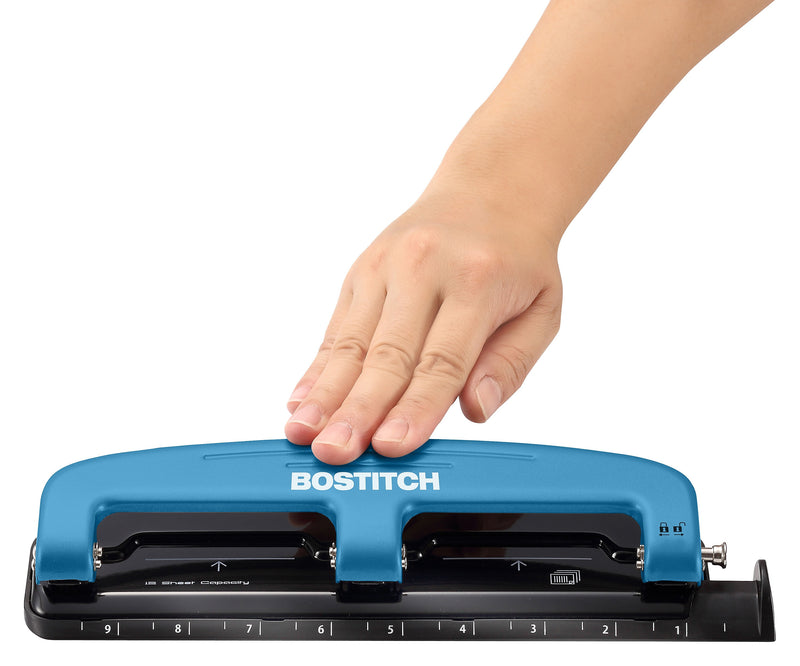 Bostitch EZ Squeeze™ Three-Hole Punch, 12-Sheet, Blue/Black