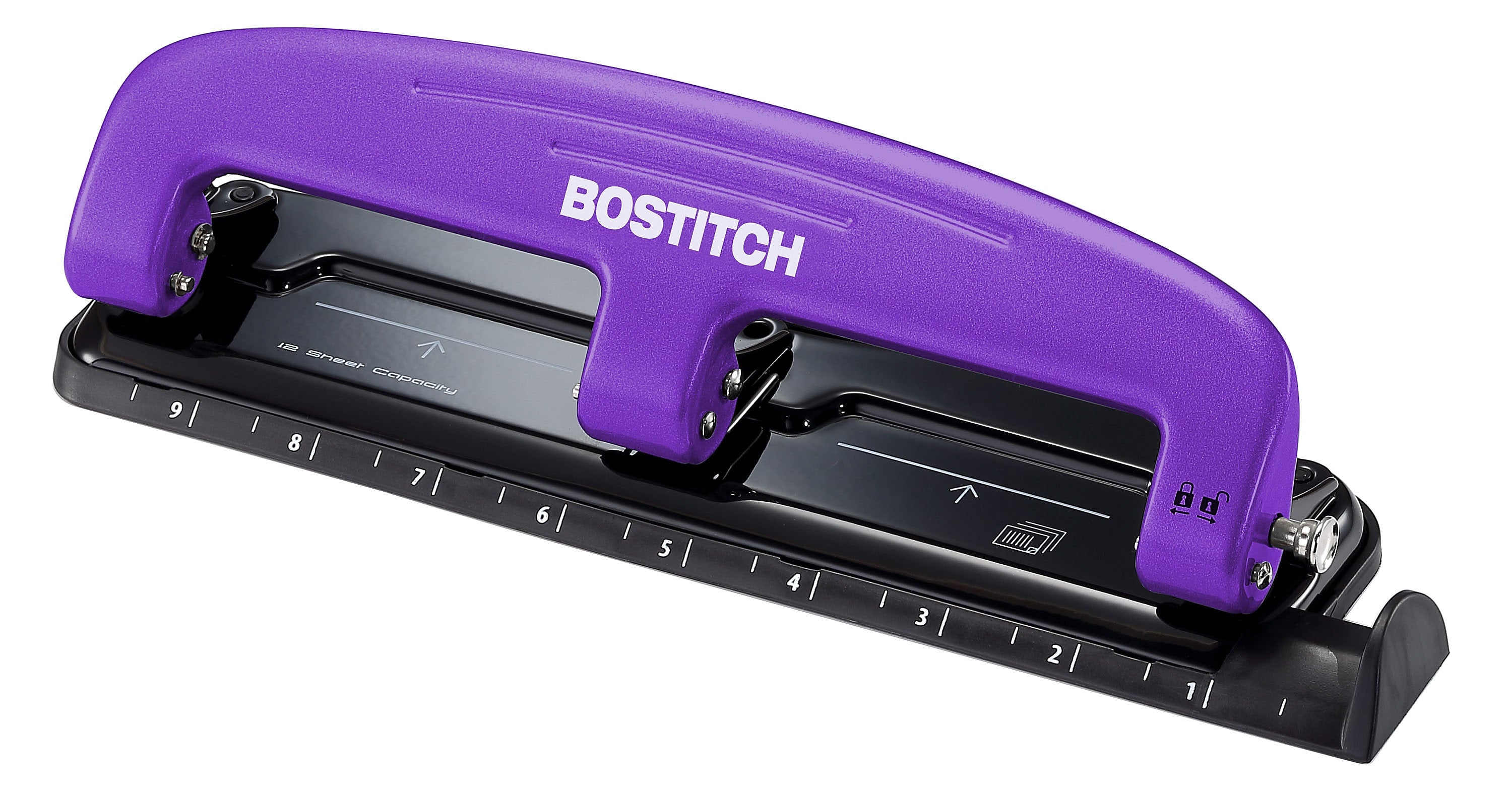 Bostitch EZ Squeeze™ Three-Hole Punch, 12-Sheet, Purple/Black