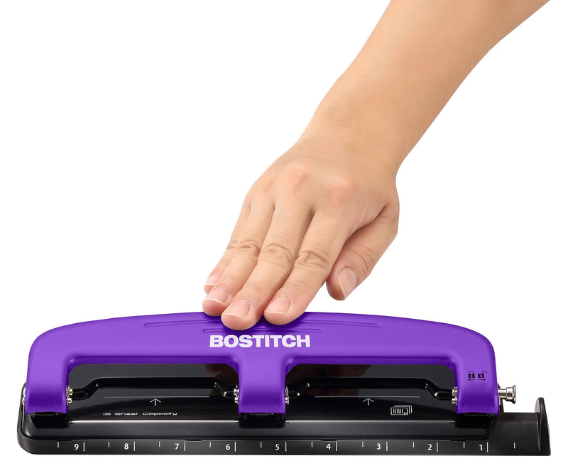 Bostitch EZ Squeeze™ Three-Hole Punch, 12-Sheet, Purple/Black