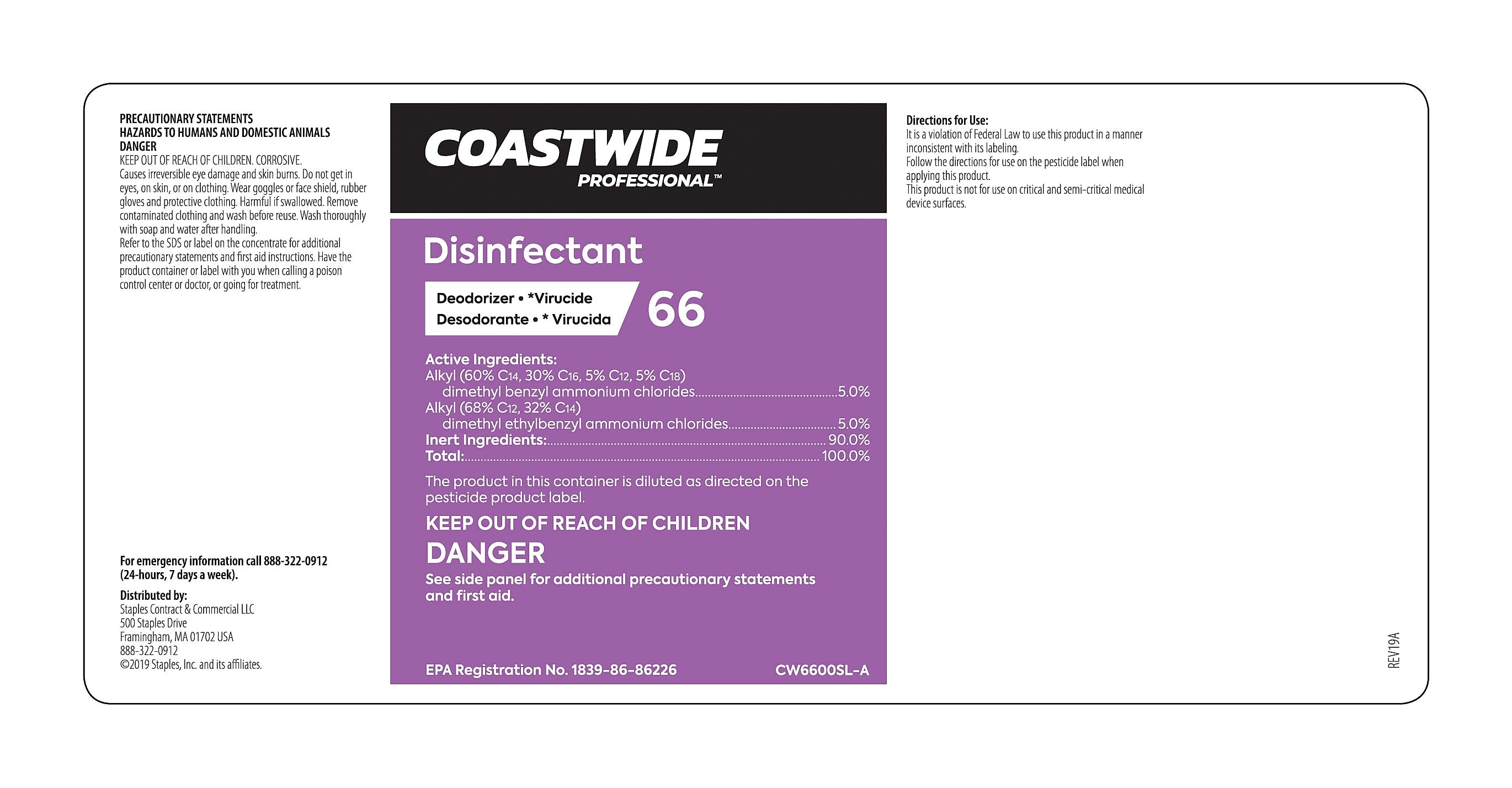 Coastwide Professional™ Secondary Label for Coastwide Professional™ 66 Disinfectant, Each (CW6600SL-A)