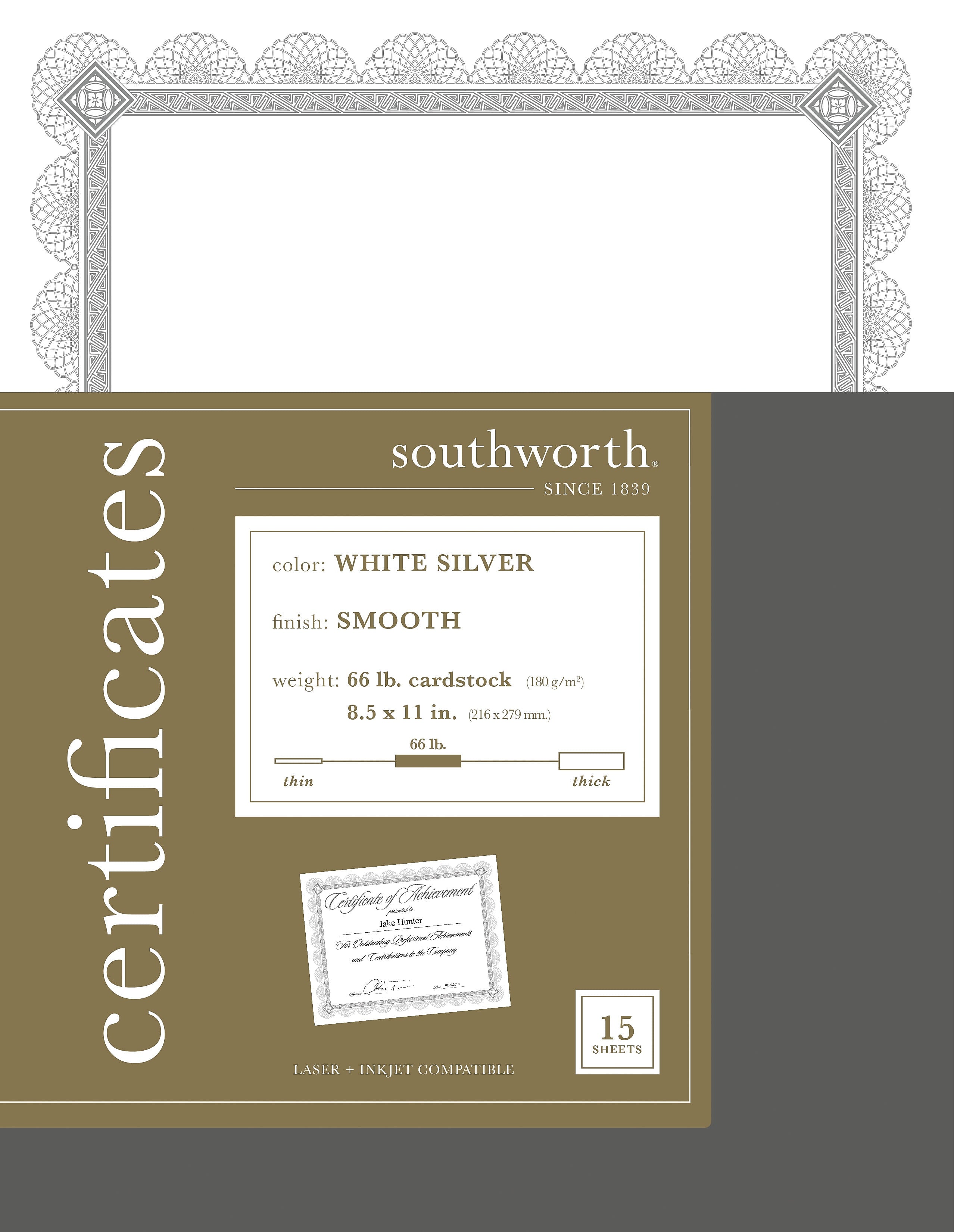 Southworth Premium Spiro Design Certificates, 8.5" x 11", White/Silver, 15/Pack (CTP2W)