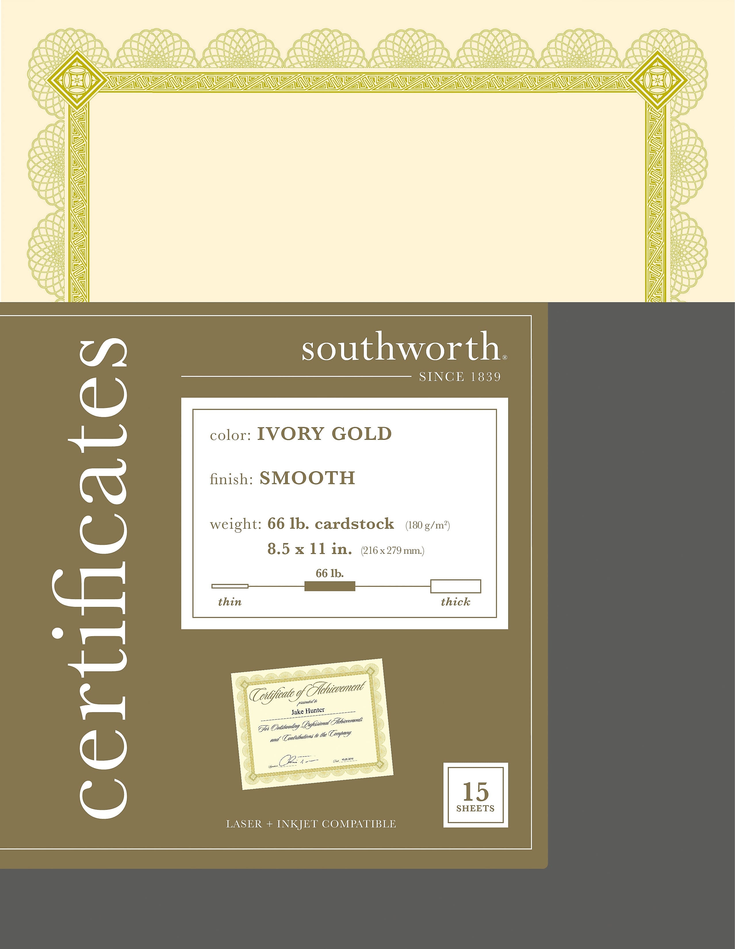 Southworth Premium Spiro Design Certificates, 8.5" x 11", Ivory/Gold, 15/Pack (CTP2V)