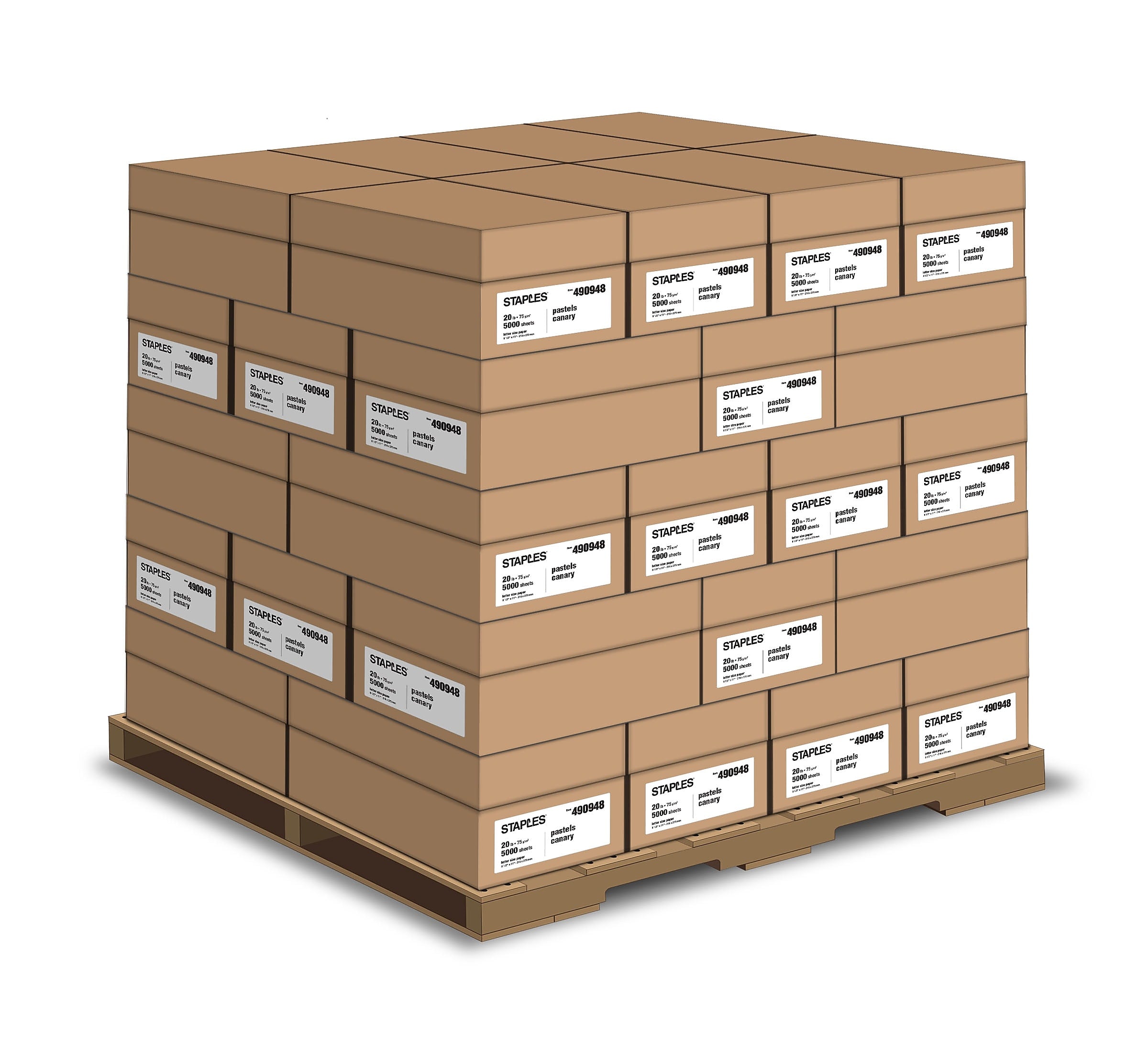 Staples 30% Recycled Copy Colored Paper, 20 lbs., 8.5" x 11", Canary, 600,000 Sheets/Pallet (CANPALLET8.5X11)