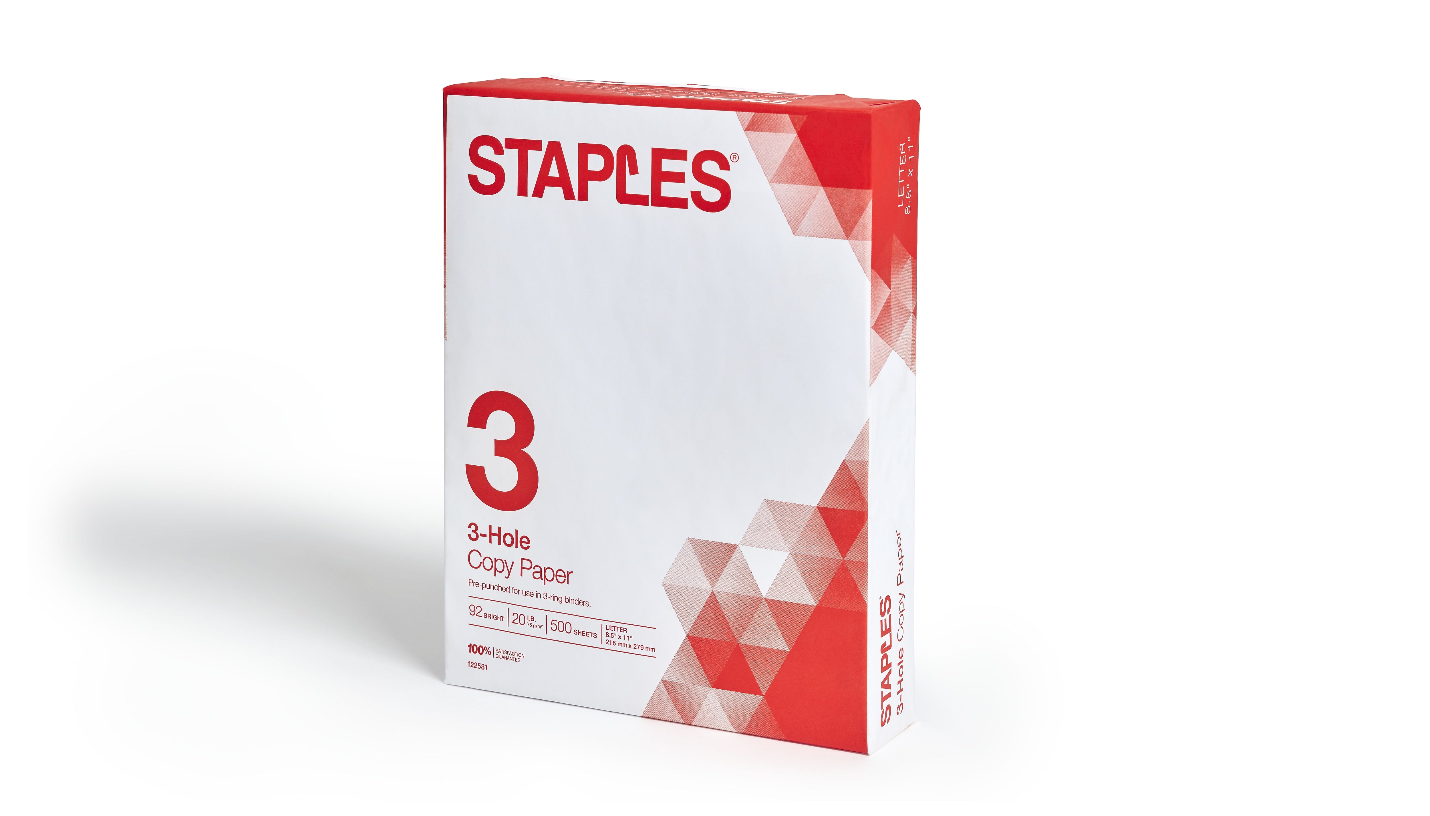 Staples 8.5" x 11" 3-Hole Punched Copy Paper, 20 lbs., 92 Brightness, 500/Ream (221192)