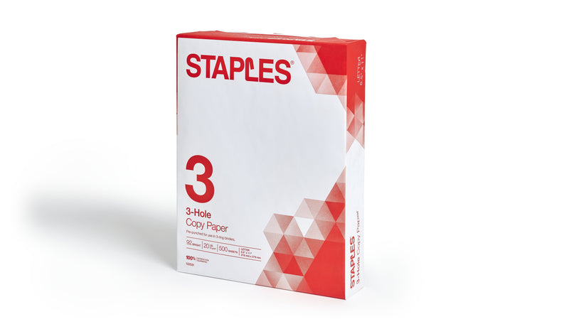 Staples 8.5" x 11" 3-Hole Punched Copy Paper, 20 lbs., 92 Brightness, 500/Ream (221192)