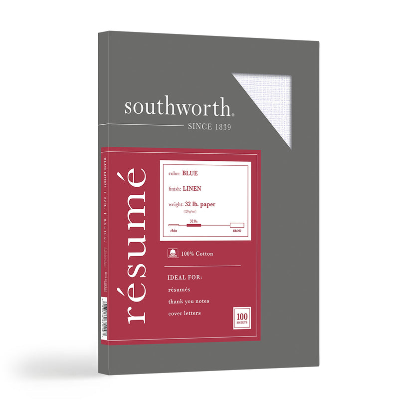 Southworth Linen Resume 100% Recycled 8.5" x 11" Multipurpose Paper, 32 Lbs., 100 Brightness, Light Blue (RD18BCFLN)