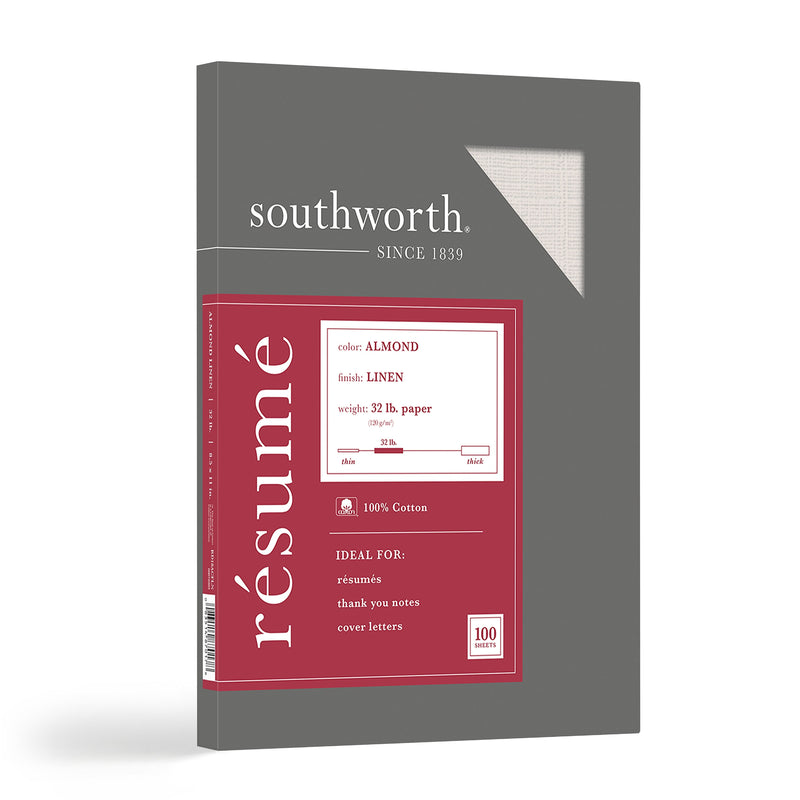 Southworth Linen Resume 8.5" x 11" Multipurpose Paper, 32 Lbs., 100 Brightness, Almond (RD18ACFLN)
