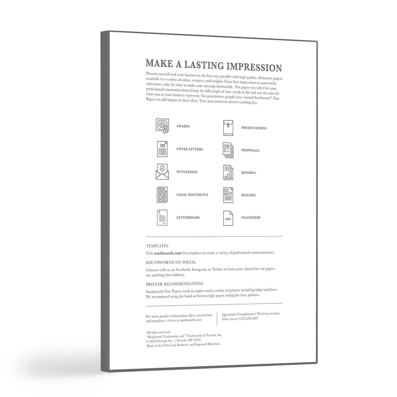 Southworth Resume Paper, 8.5" x 11", 24 lb., Wove-Finish, White, 100 Sheets/Box (R14CF)