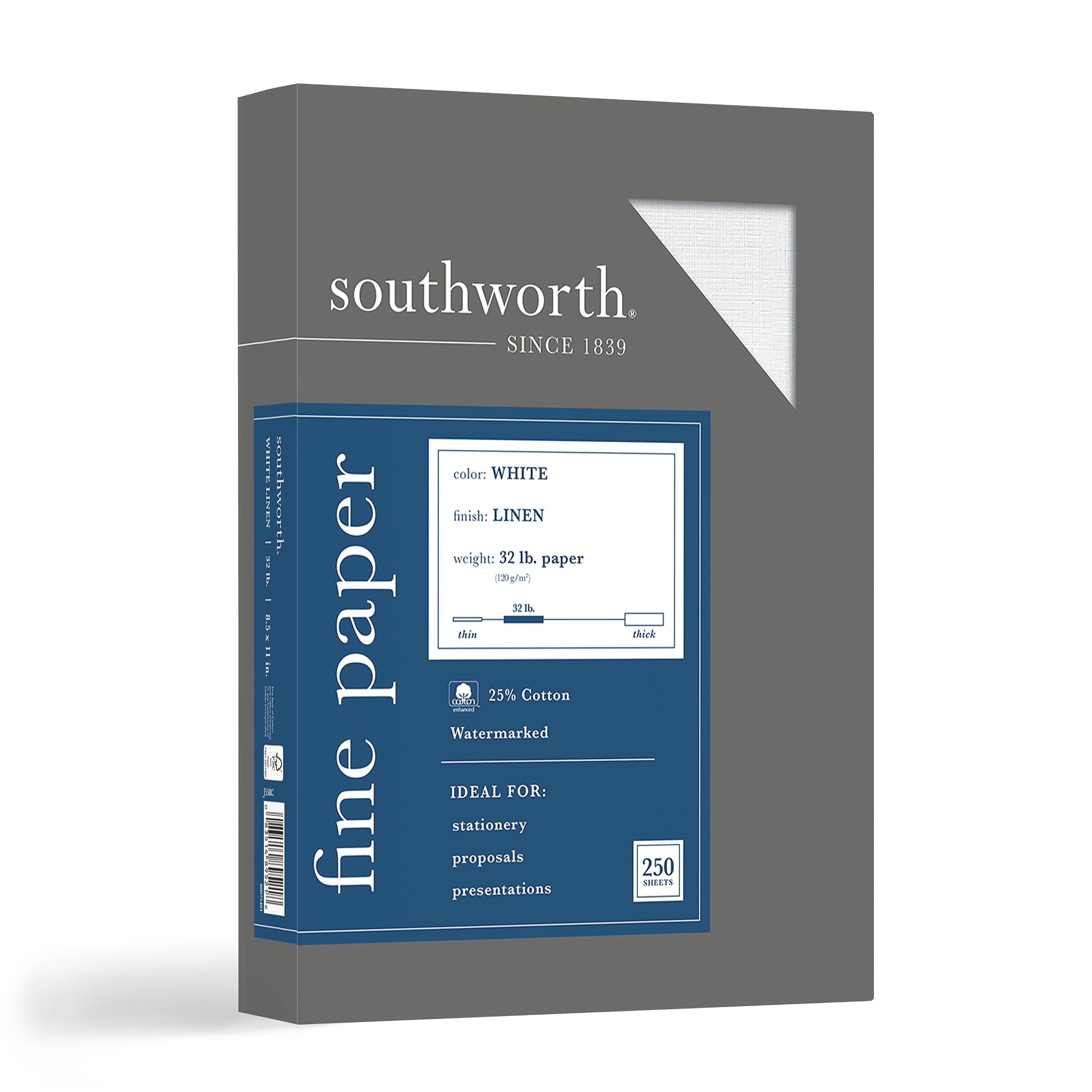 Southworth 8.5" x 11" Business Paper, 32 lbs., White with Linen Finish,, 250/Box (J558C)