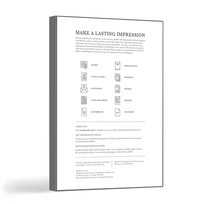 Southworth Resume Paper, 8.5" x 11", 32 lb., Wove-Finish, White, 100 Sheets/Pack (RD18CF)