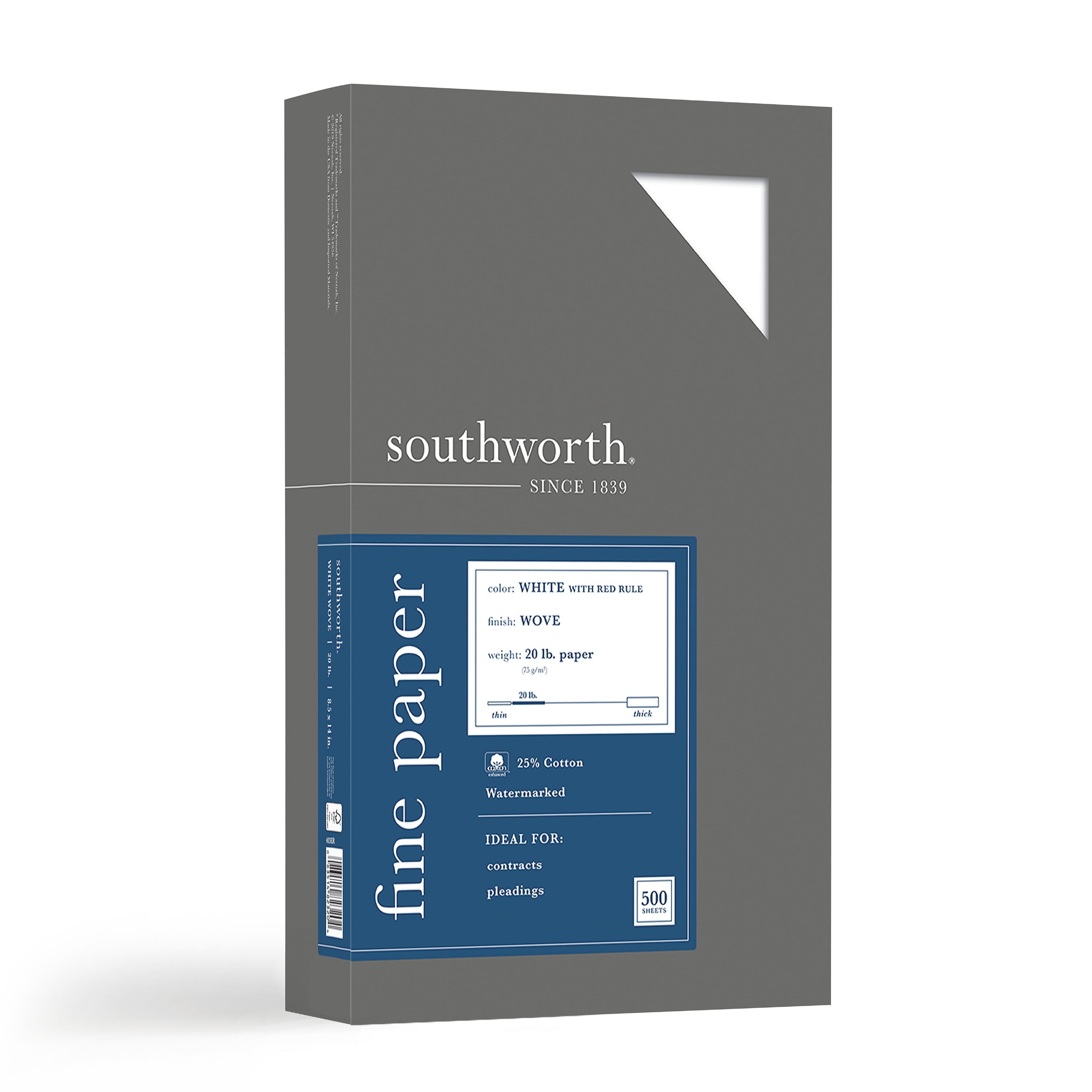 Southworth® 25% Cotton-Content Fine Business Paper, Legal Size, 20lb., Red Ruled, 500 Sheets/Box (403ER)