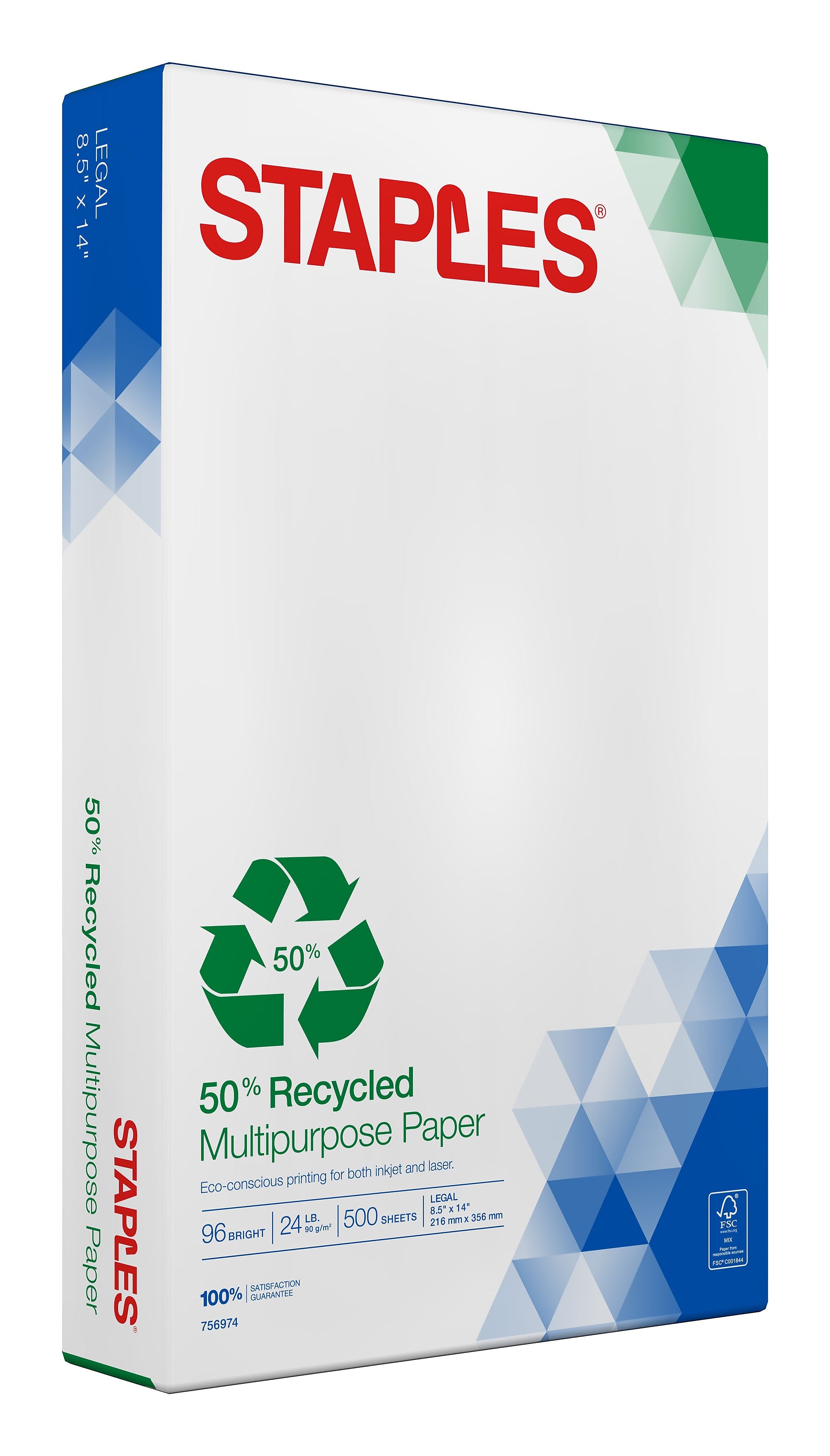 Staples 50% Recycled 8.5" x 14" Multipurpose Paper, 24 lbs., 96 Brightness, 500/Ream (86054)