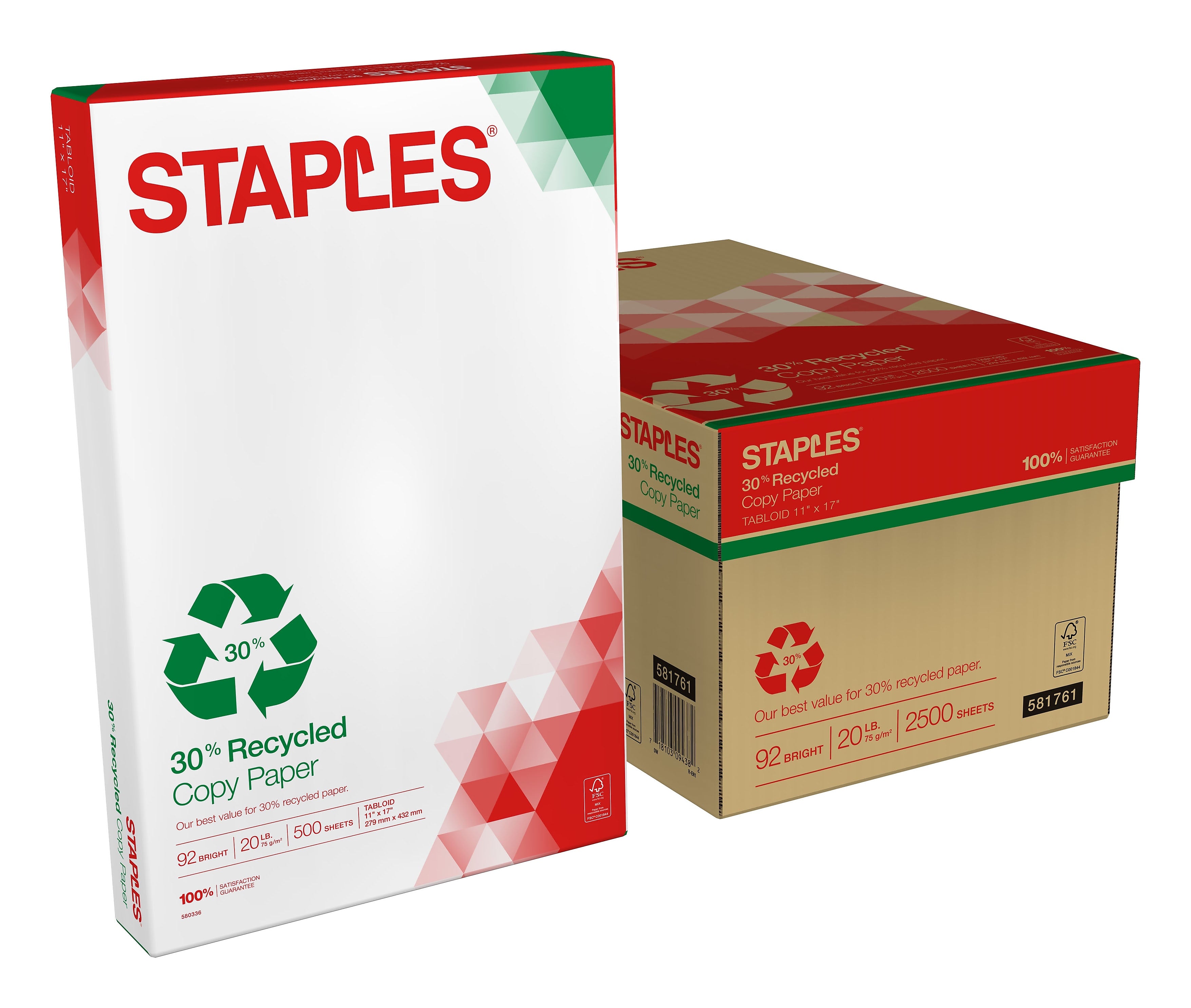 Staples 30% Recycled 11" x 17" Copy Paper, 20 lbs., 92 Brightness, 500 Sheets/Ream, 5 Reams/Carton (112390)