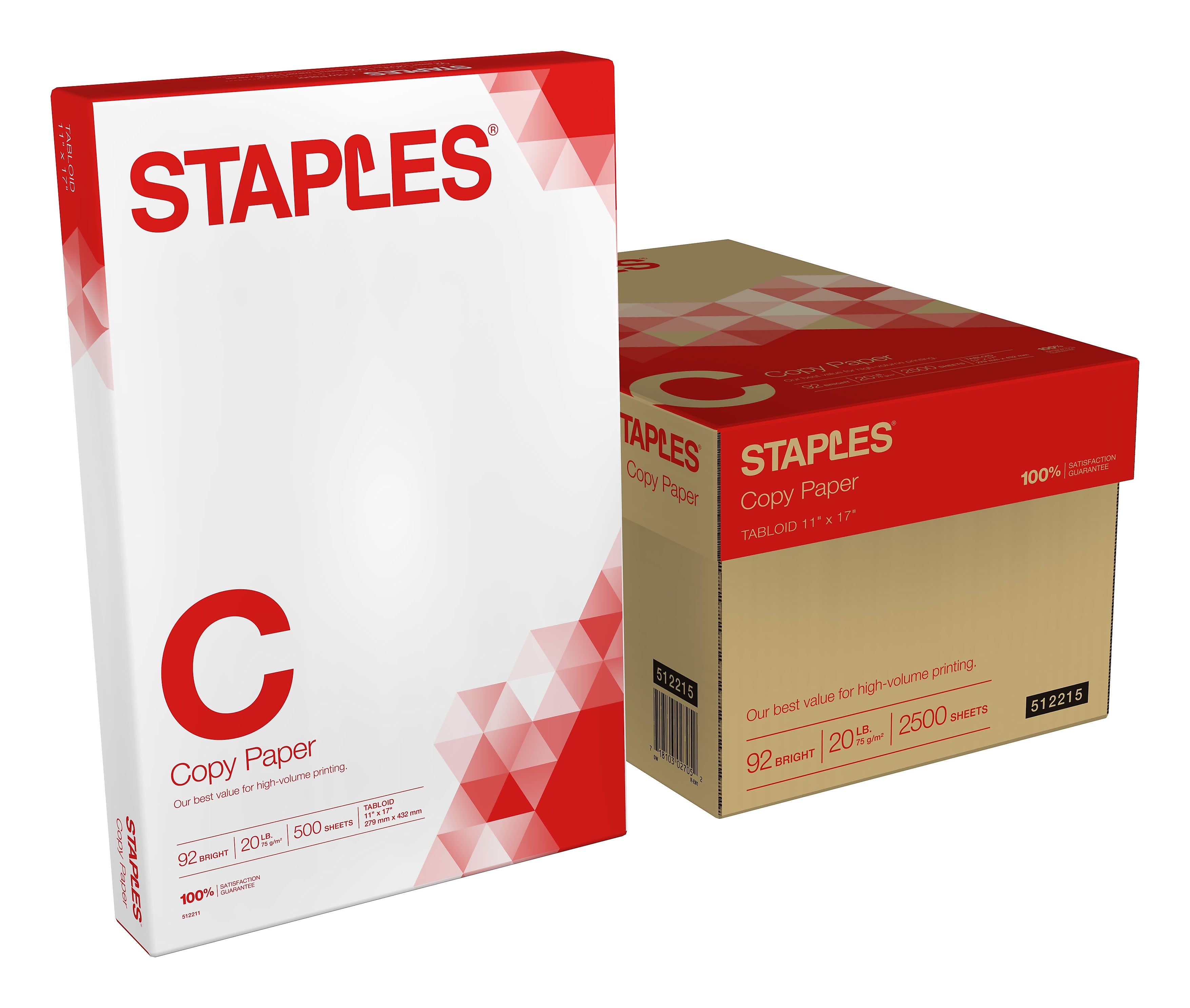 Staples Copy Paper, 11" x 17", 20 lbs., White, 500 Sheets/Ream, 5 Reams/Carton (512215)