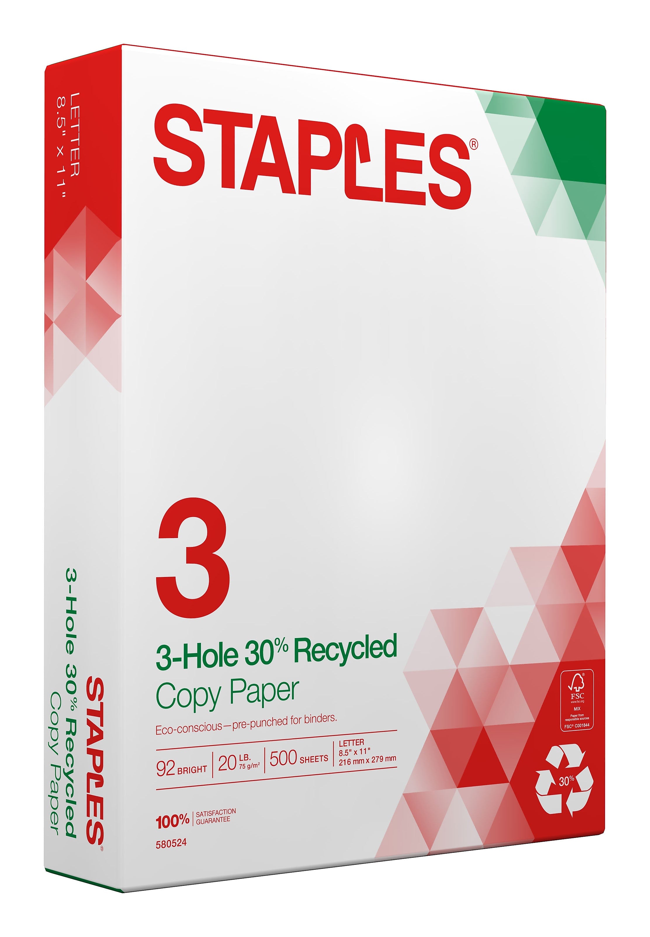 Staples 30% Recycled 8.5" x 11" 3-Hole Punched Copy Paper, 20 lbs., 92 Brightness, 500/Ream (112370)