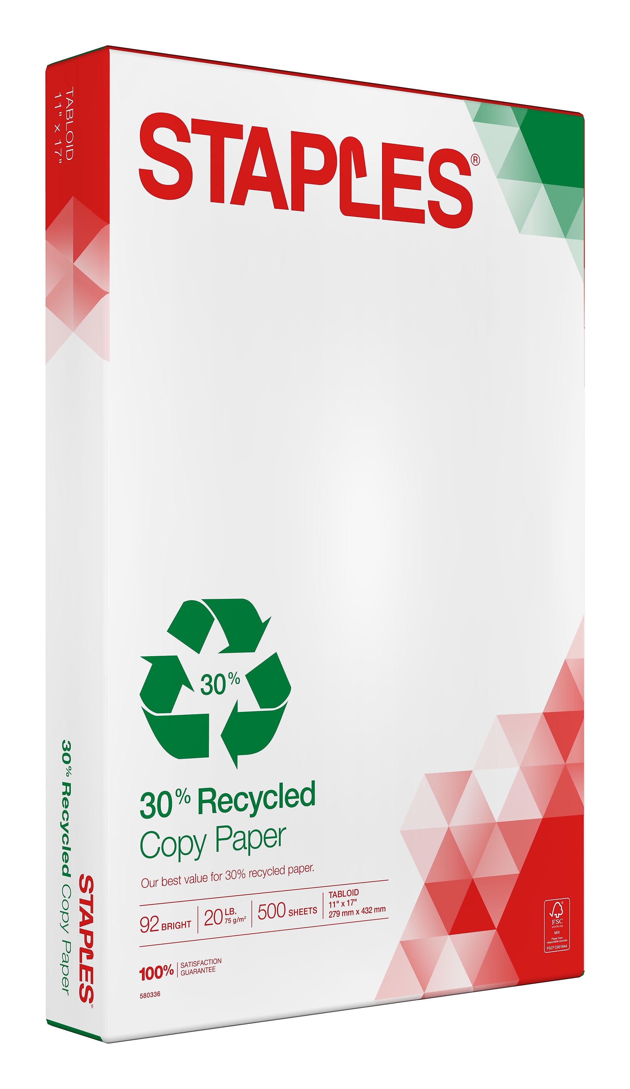 Staples 30% Recycled 11" x 17" Copy Paper, 20 lbs., 92 Brightness, 500/Ream (112390)