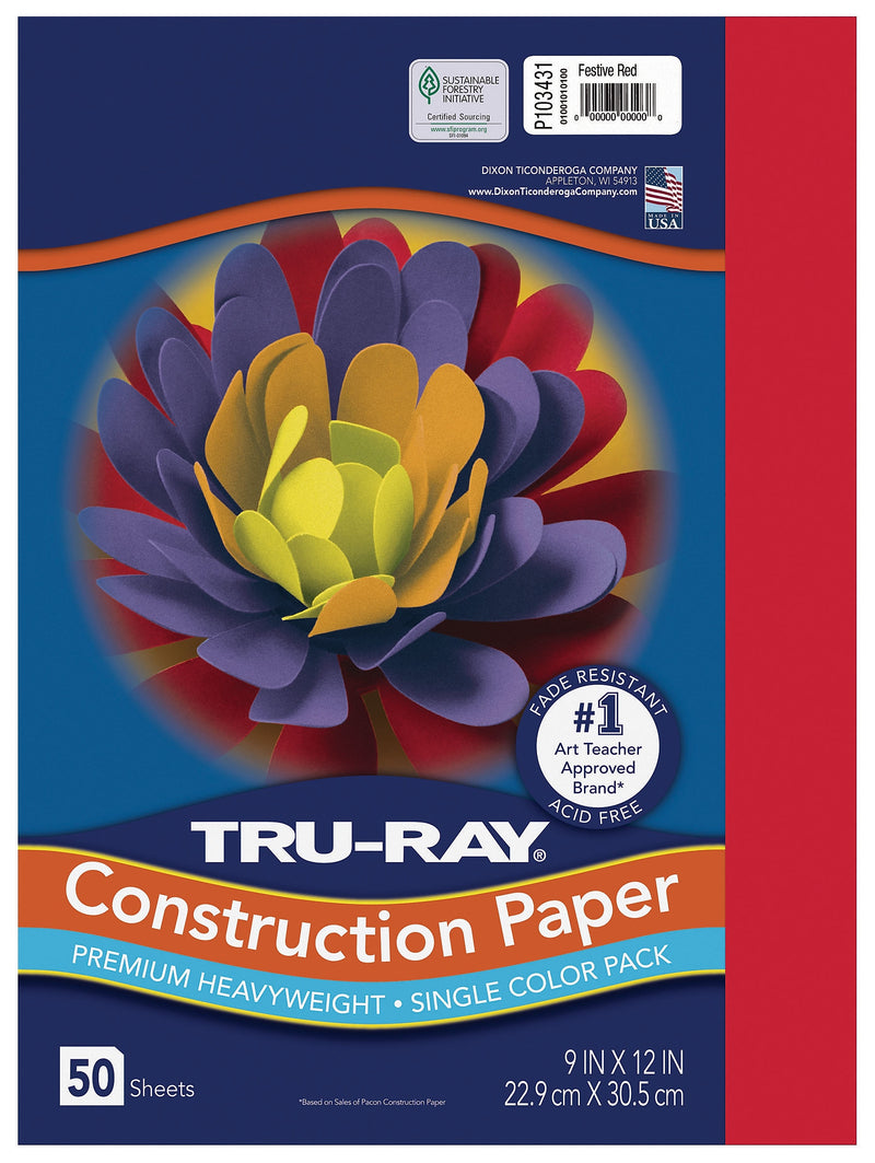 Tru-Ray 9" x 12" Construction Paper, Festive Red, 50 Sheets/Pack (P103431)