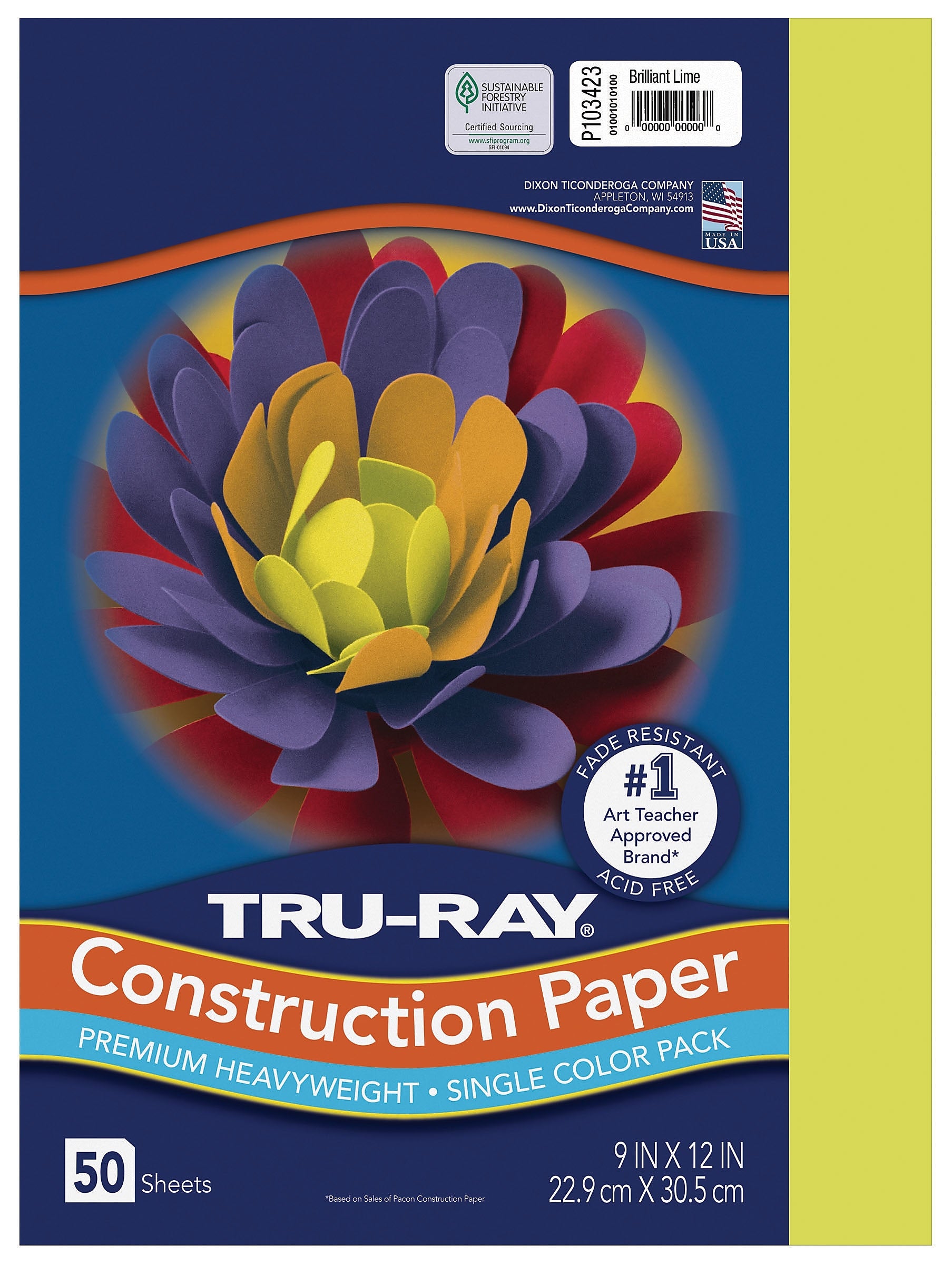 Tru-Ray 9" x 12" Construction Paper, Brilliant Lime, 50 Sheets/Pack (P103423)