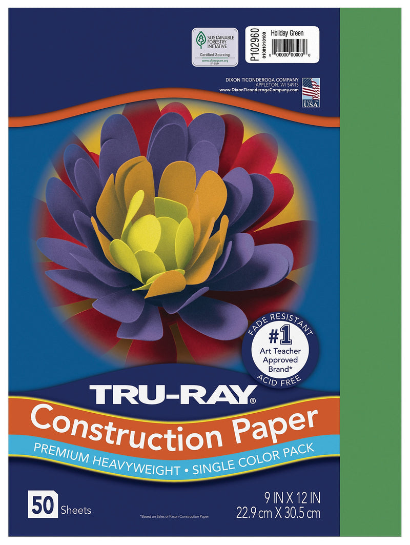 Tru-Ray 9" x 12" Construction Paper, Holiday Green, 50 Sheets (P102960)
