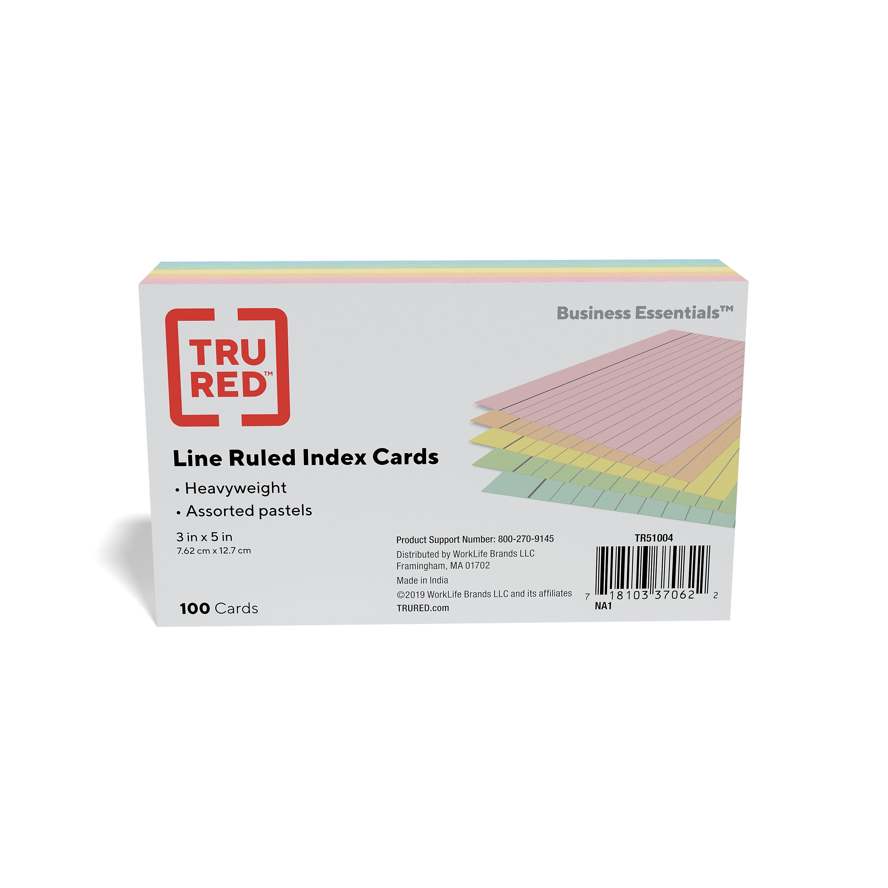 TRU RED™ 3" x 5" Index Cards, Lined, Assorted Colors, 100/Pack (TR51004)