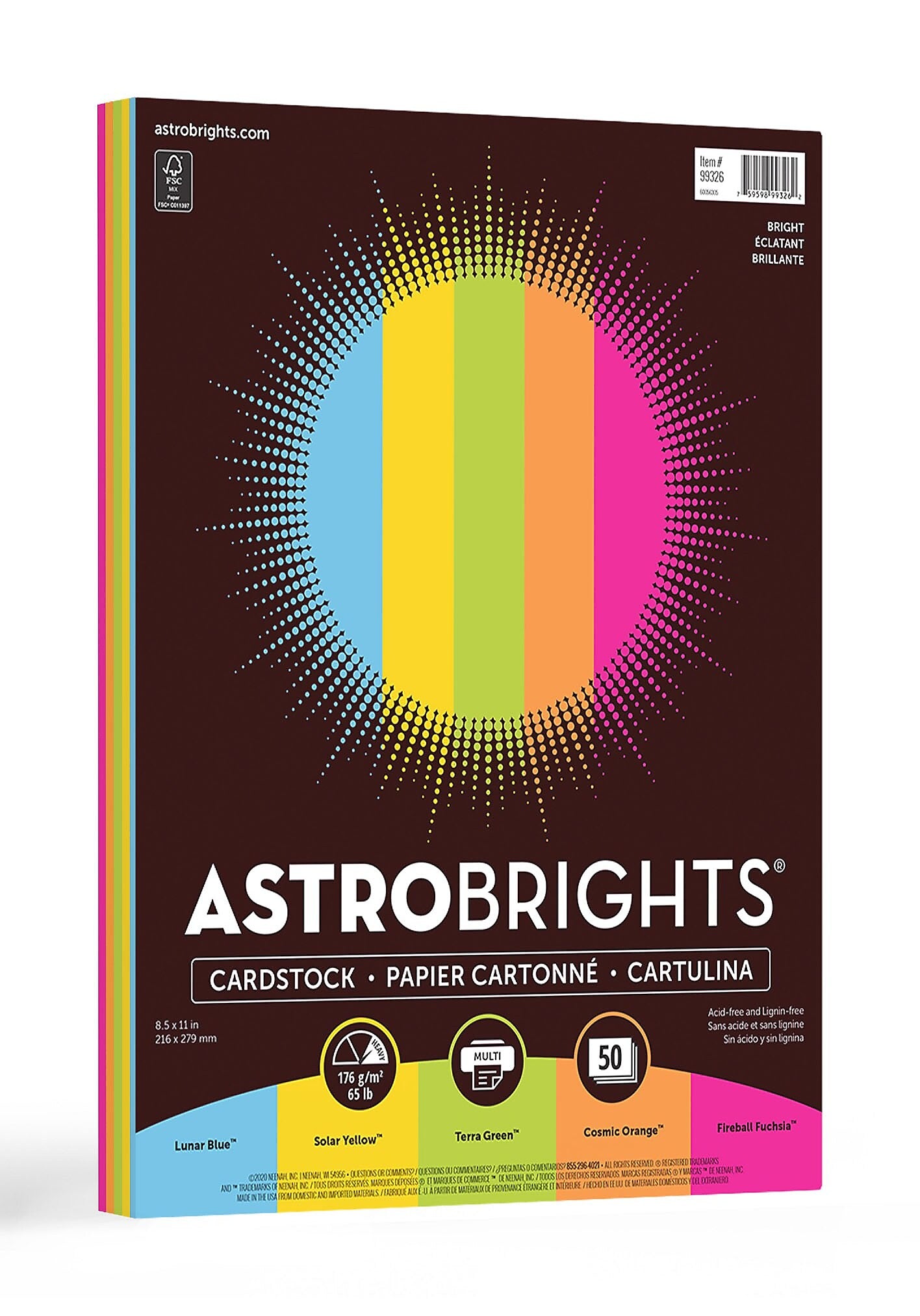 Astrobrights 65 lb. Cardstock Paper, 8.5" x 11", Bright Assortment, 50 Sheets/Pack (99326-01)