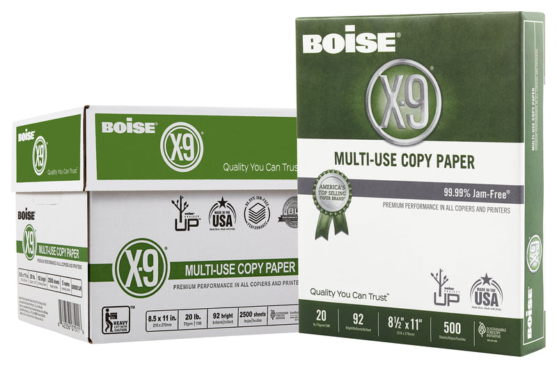 Boise X-9 8.5" x 11" Multipurpose Paper, 20 lbs., 92 Brightness, 500 Sheets/Ream, 5 Reams/Carton (CASOX9001JR)