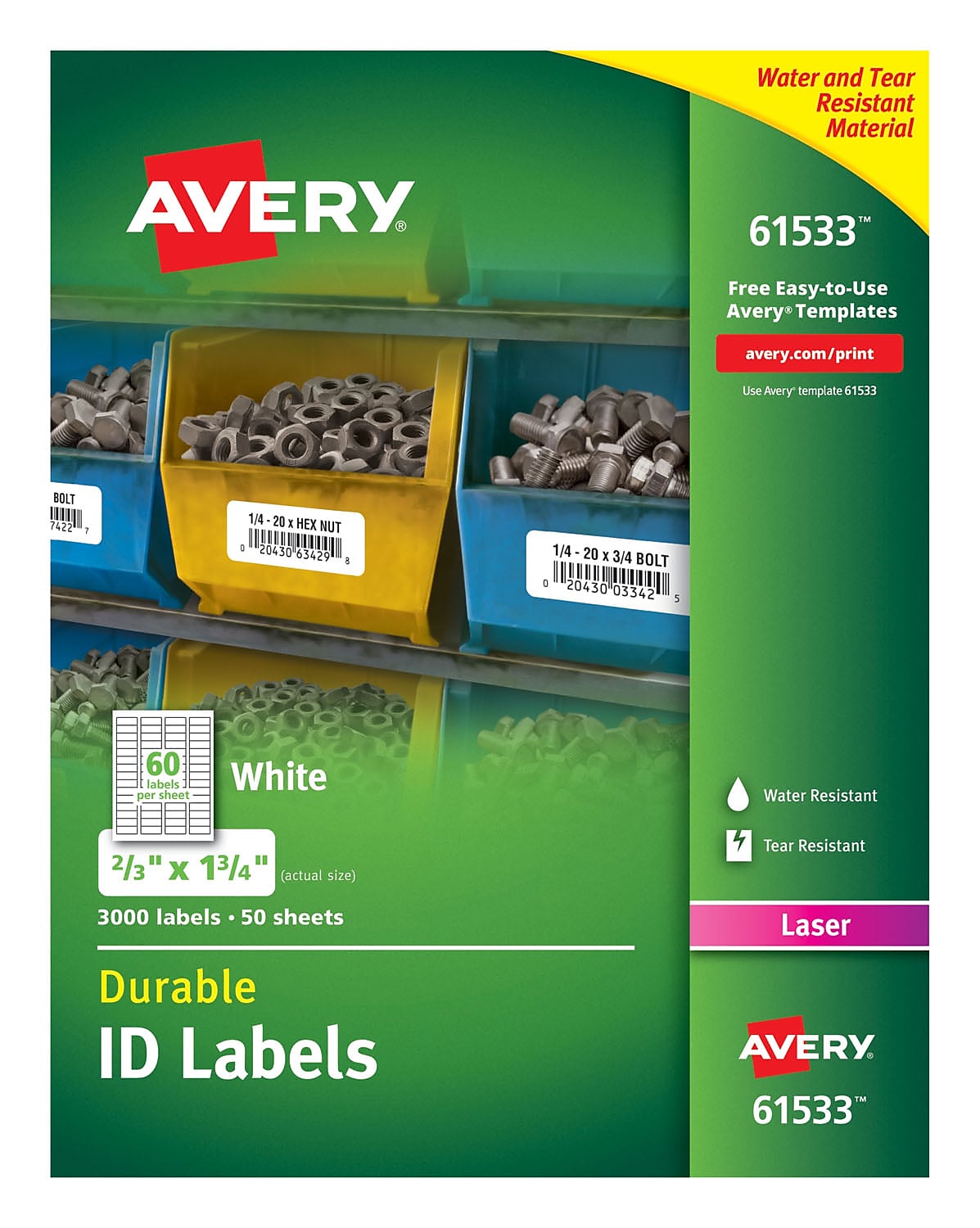 Avery Durable ID Labels, Permanent Adhesive, 3000 Labels, 0.67"H x 1.75"W, Rectangle, Laser, White, Polyester, 50 Sheet