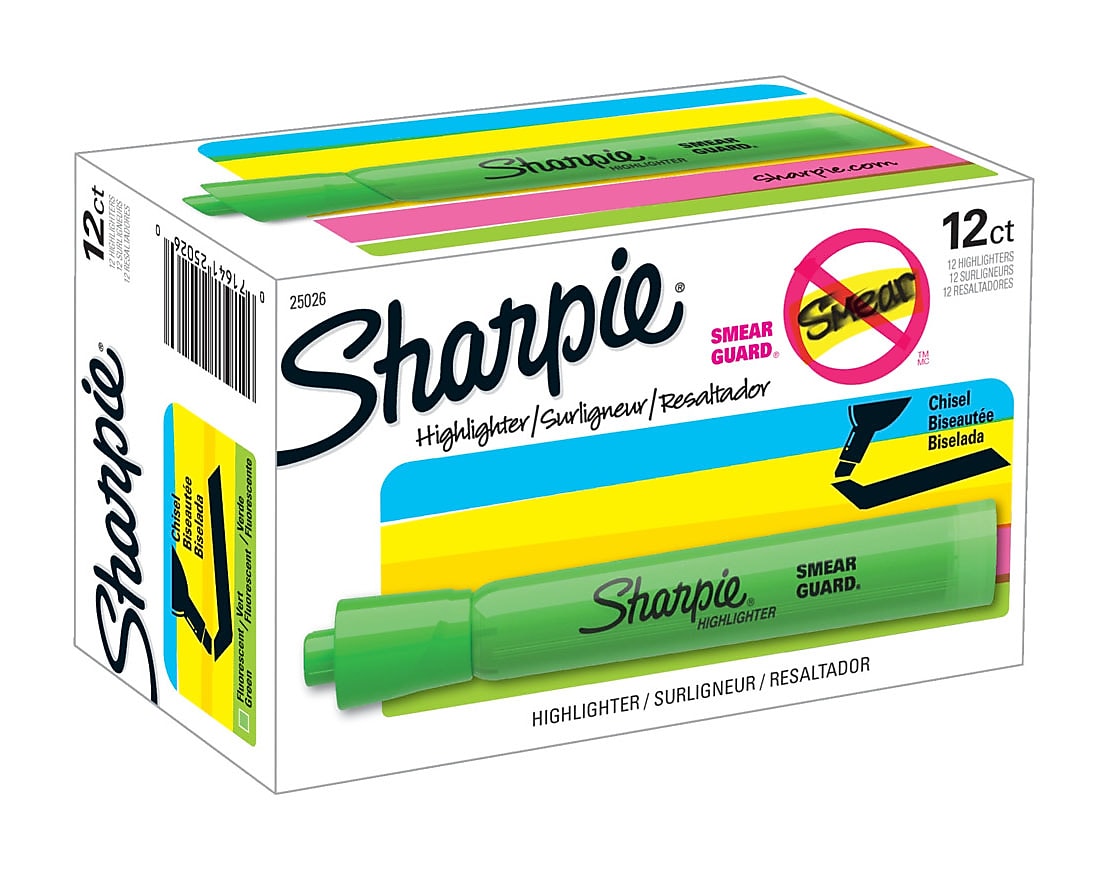Sharpie Tank Highlighter, Chisel Tip, Fluorescent Green, Dozen (25026)