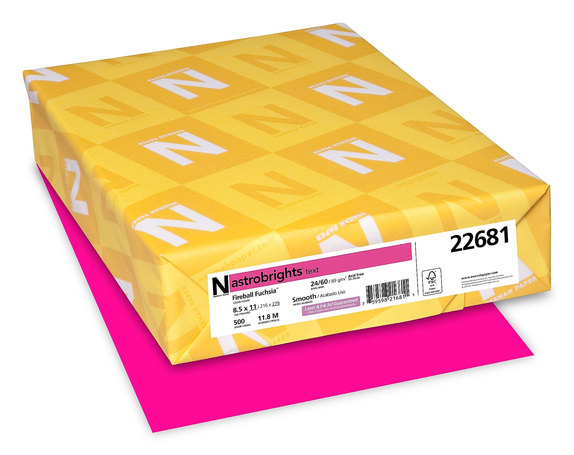 Astrobrights Colored Paper, 24 lbs., 8.5" x 11", Fireball Fuchsia, 500 Sheets/Ream (22681/21688)