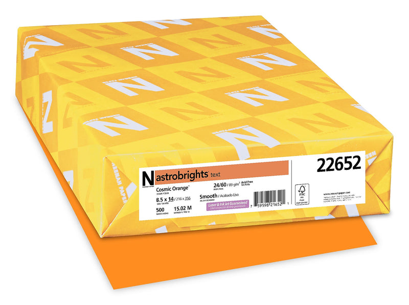 Astrobrights Colored Paper, 24 lbs., 8.5" x 14", Cosmic Orange, 500 Sheets/Ream (22652)