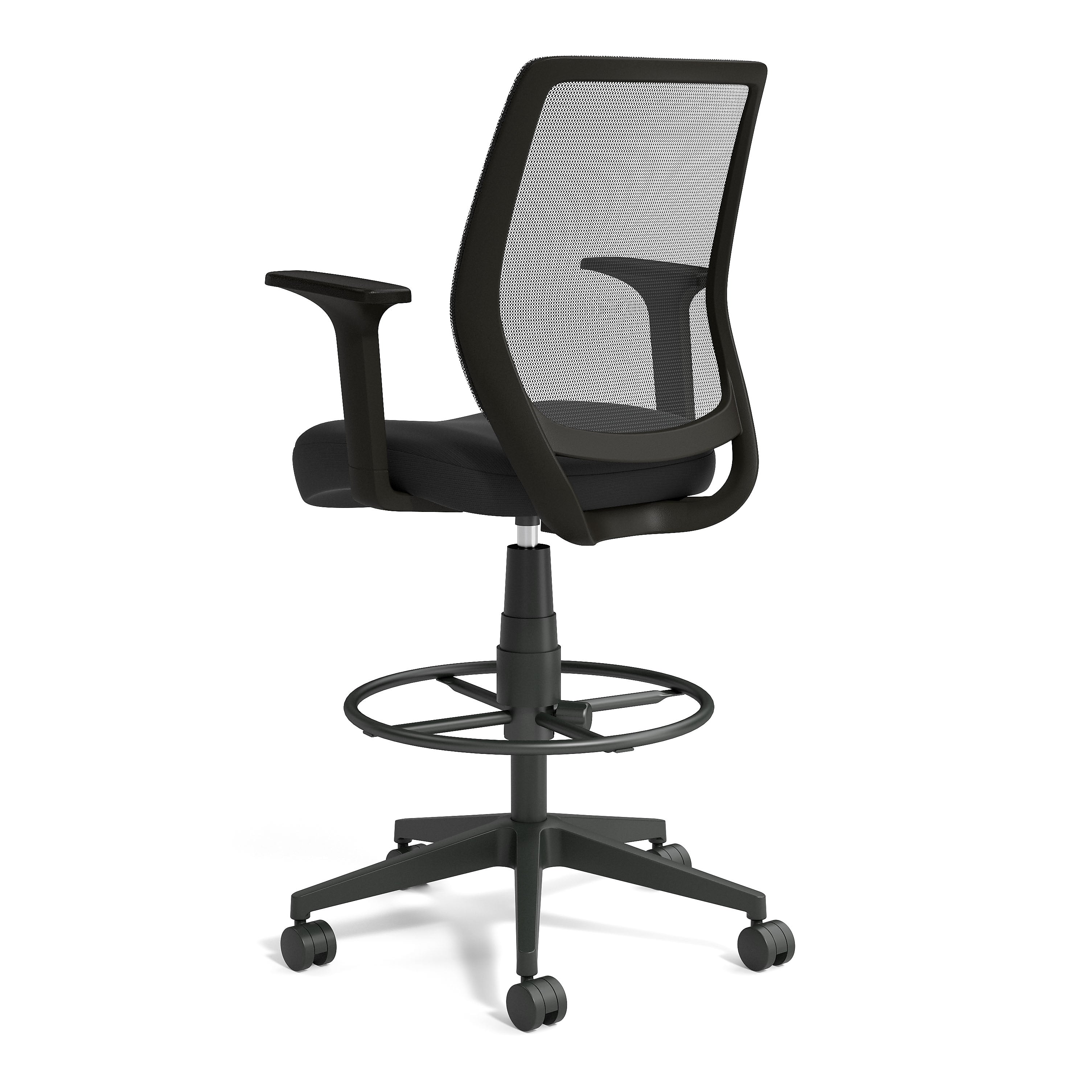 Staples Essentials Fabric Drafting Stool with Backrest and Footrest, Black (UN59384)