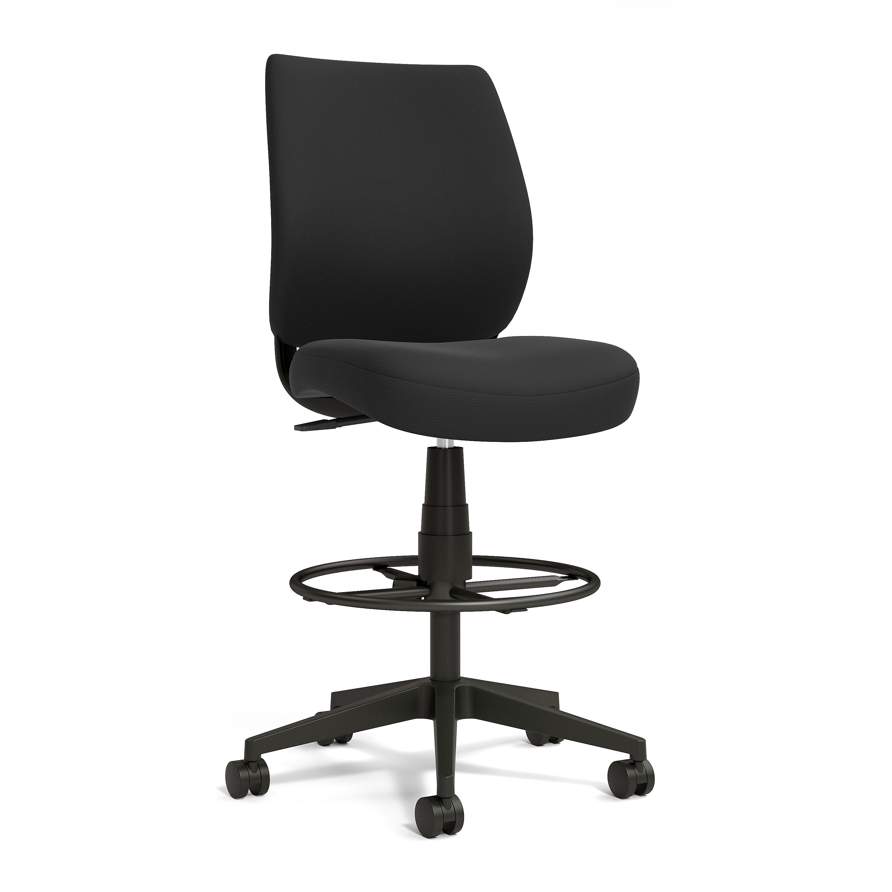 Staples Essentials Fabric Drafting Stool with Backrest and Footrest, Black (UN59388)