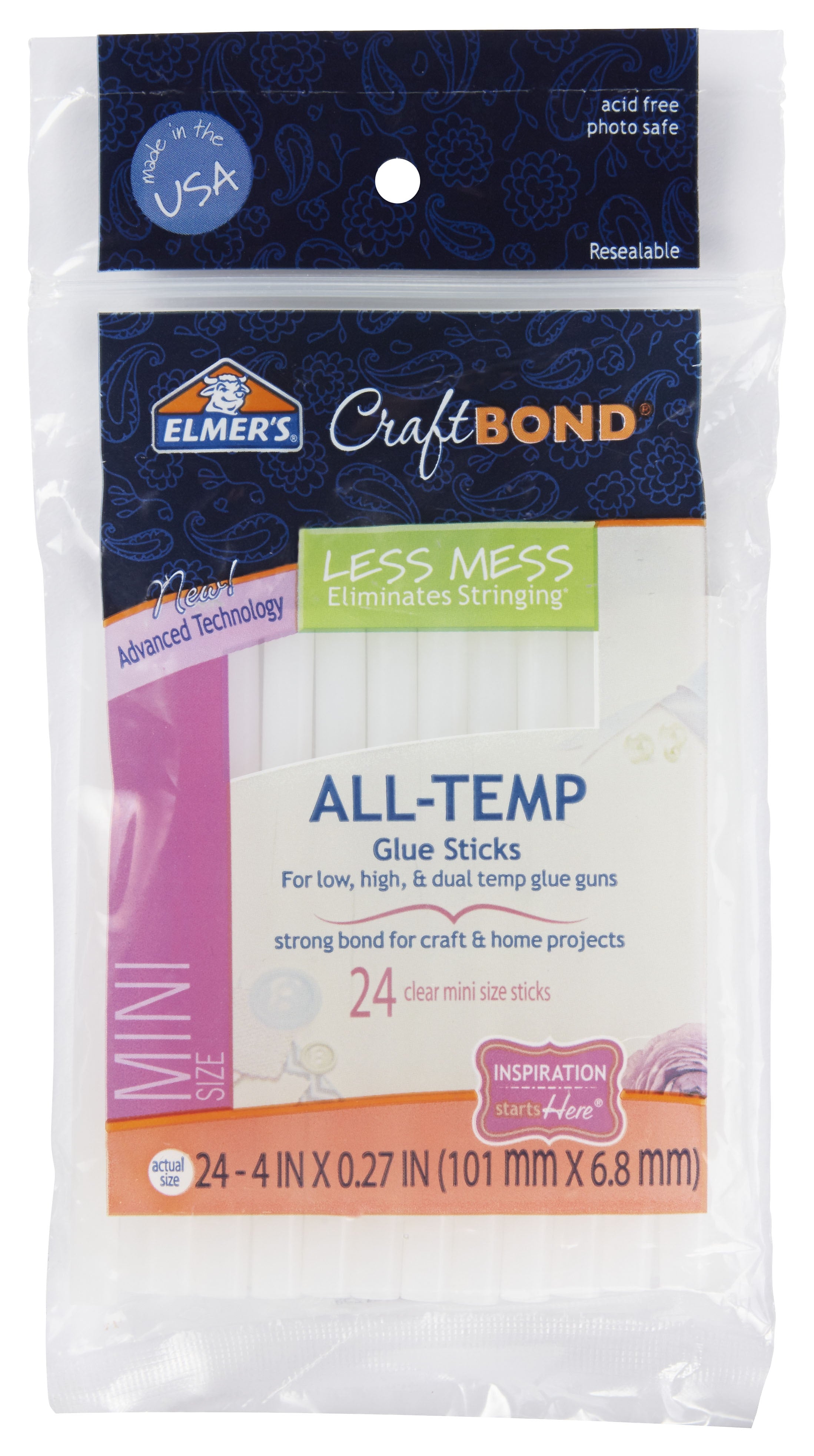 Elmer's CraftBond Less Mess 4in. All-Temp Mini Glue Sticks 24 Ct., 24/Box, Clear (E6055)
