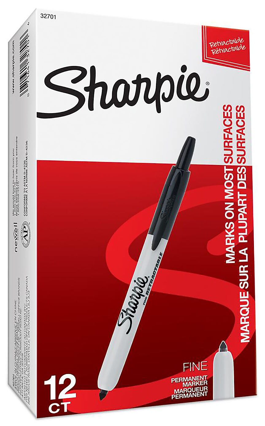 Sharpie Retractable Permanent Marker, Fine Tip, Black, 12/Pack (32701)