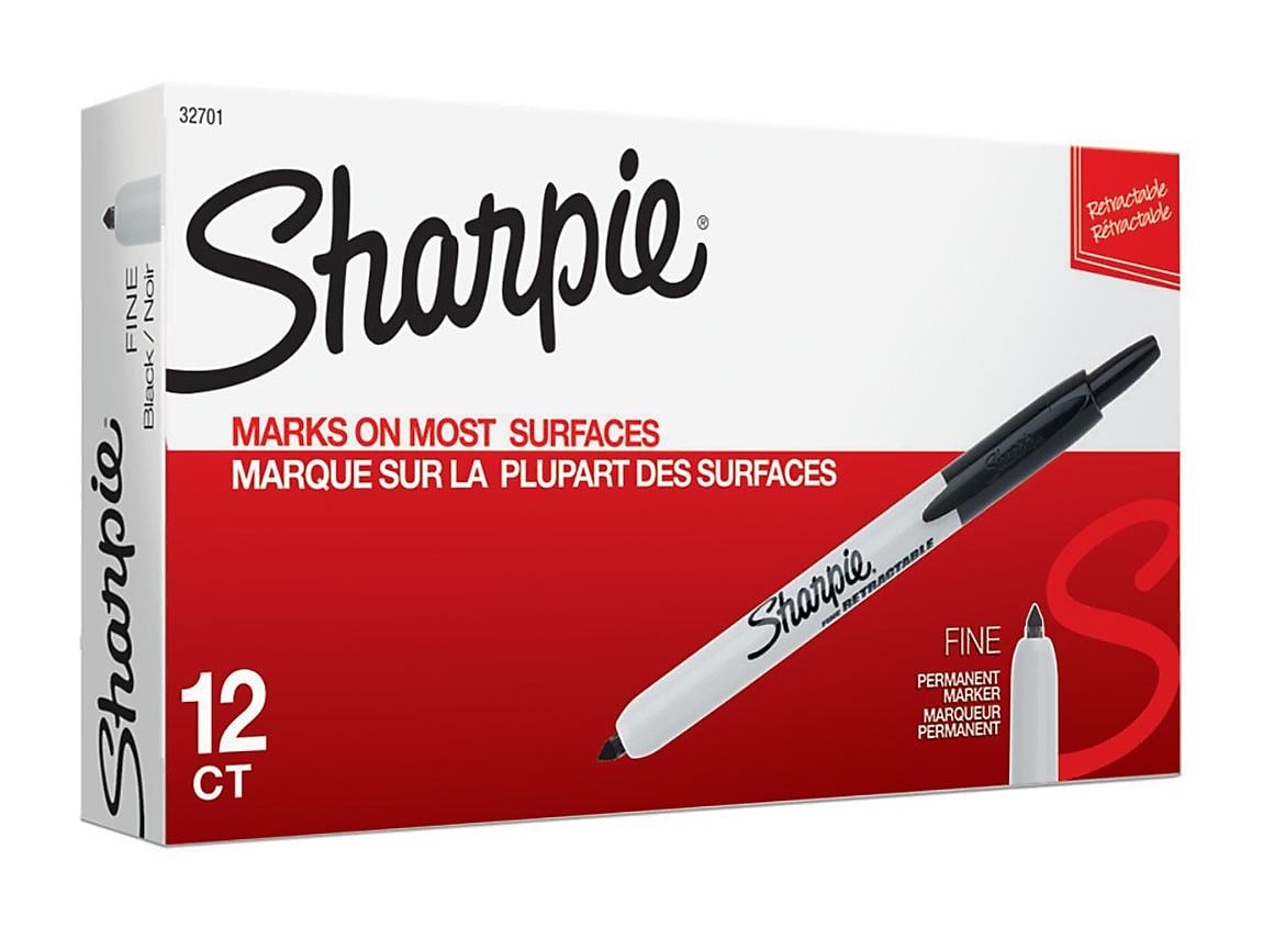 Sharpie Retractable Permanent Marker, Fine Tip, Black, 12/Pack (32701)