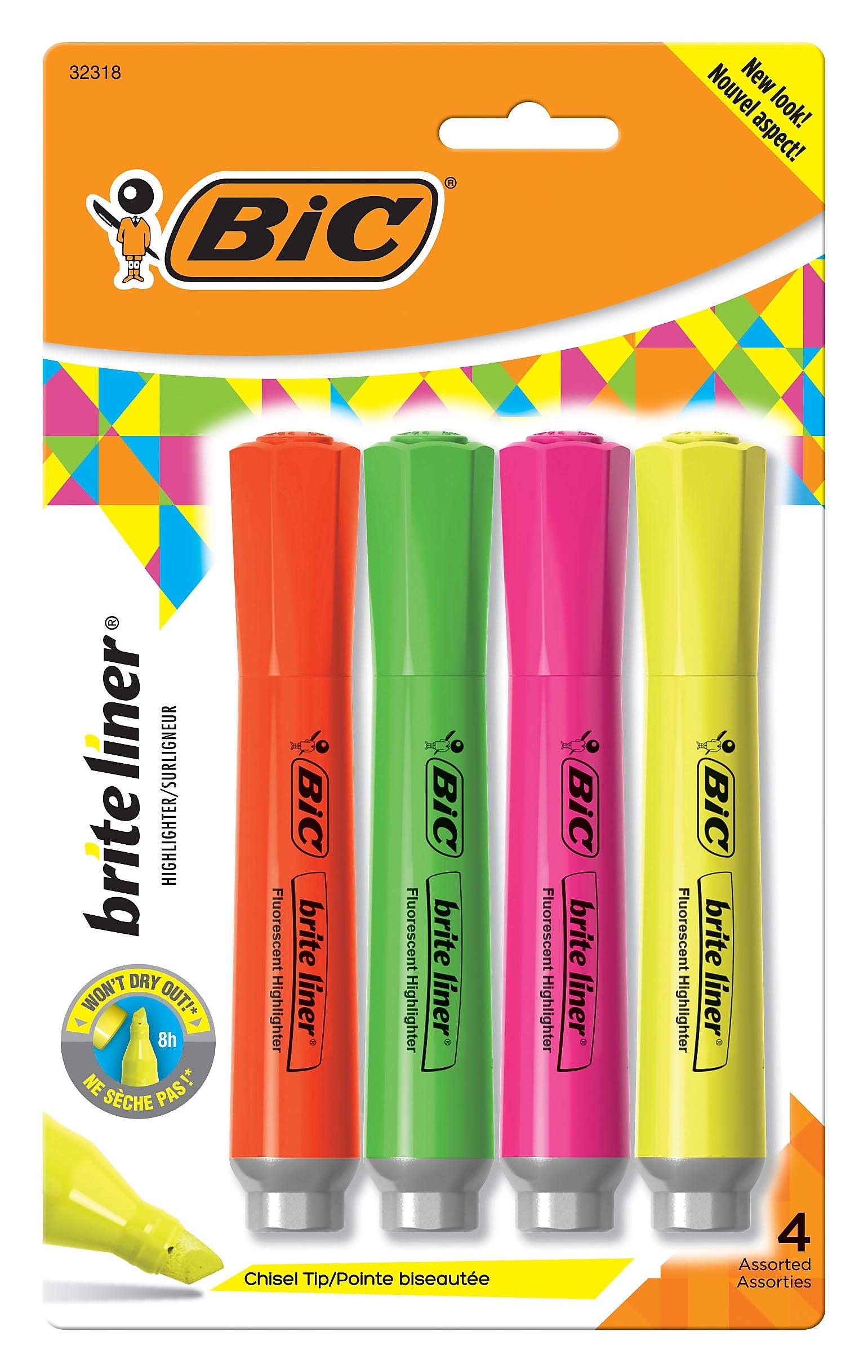 BIC Brite Liner Tank Highlighter, Chisel Tip, Assorted, 4/Pack (32318)