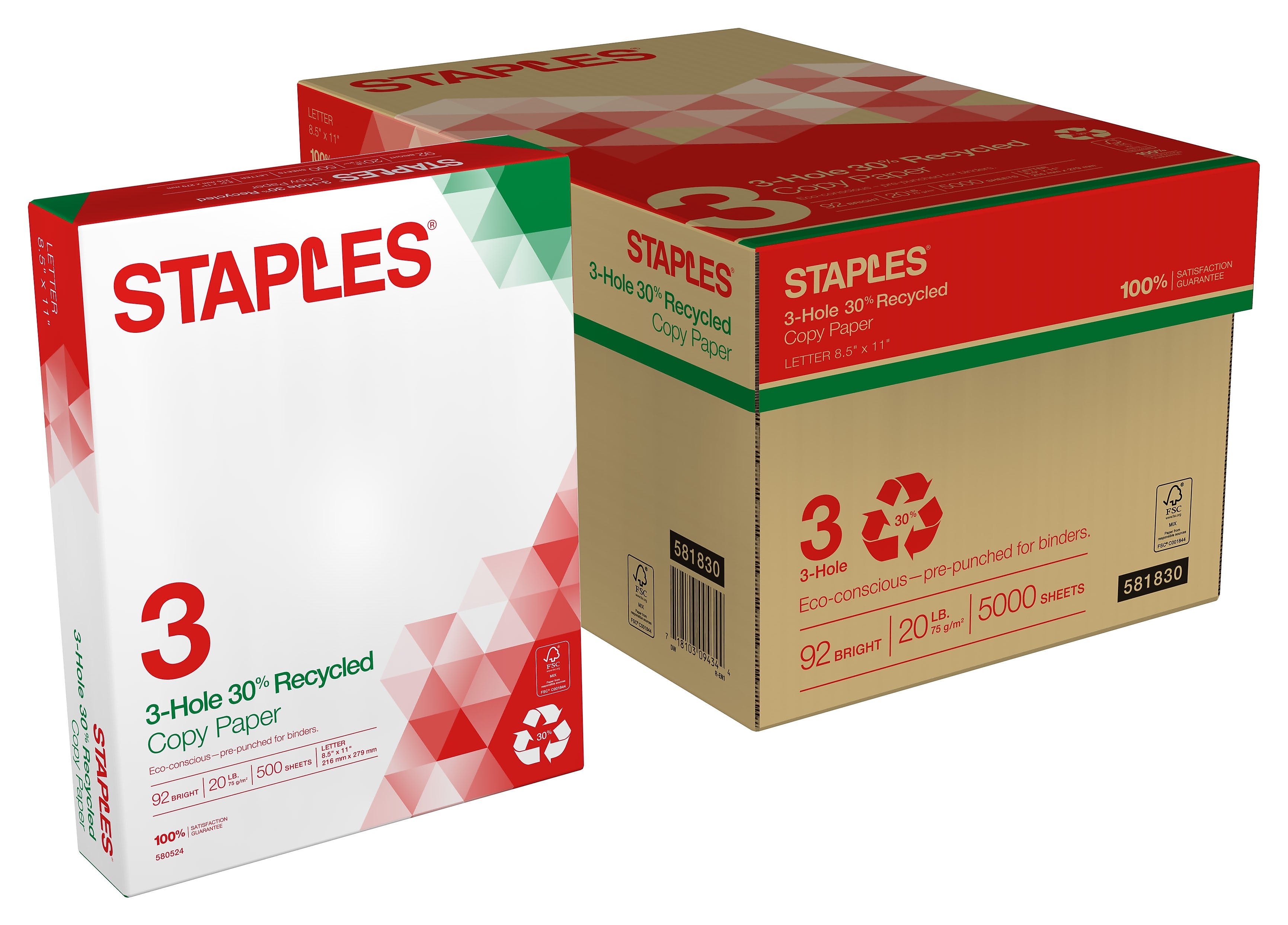 Staples 30% Recycled 8.5" x 11" 3-Hole Punch Copy Paper, 20 lbs., 92 Brightness, 500/Ream,10 Reams/Carton (112370)