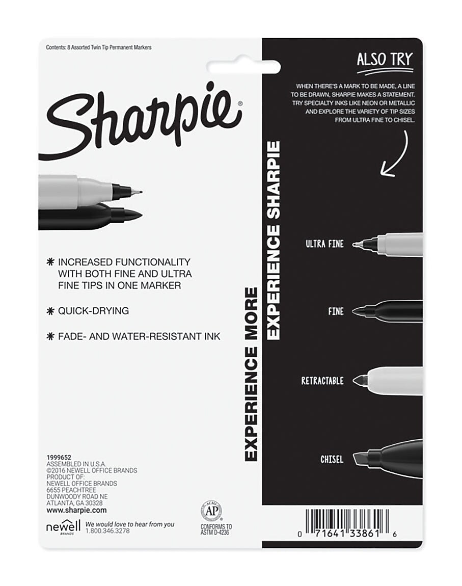 Sharpie Permanent Markers, Twin Tip, Assorted, 8/Pack (33861)