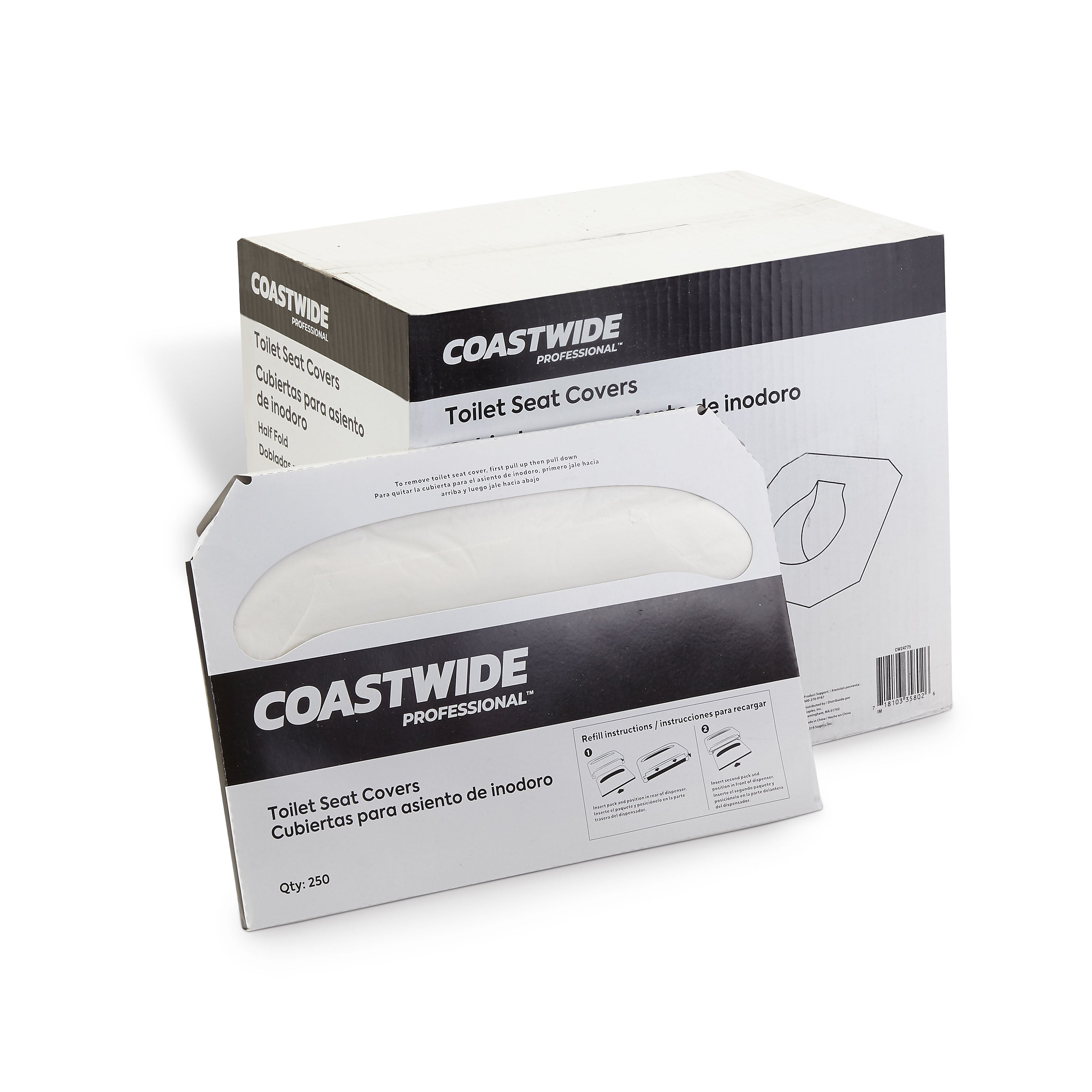 Coastwide Professional™ Toilet Seat Covers, 0.87" x 10.43", 250/Pack, 20 Packs/Carton (CW24775)