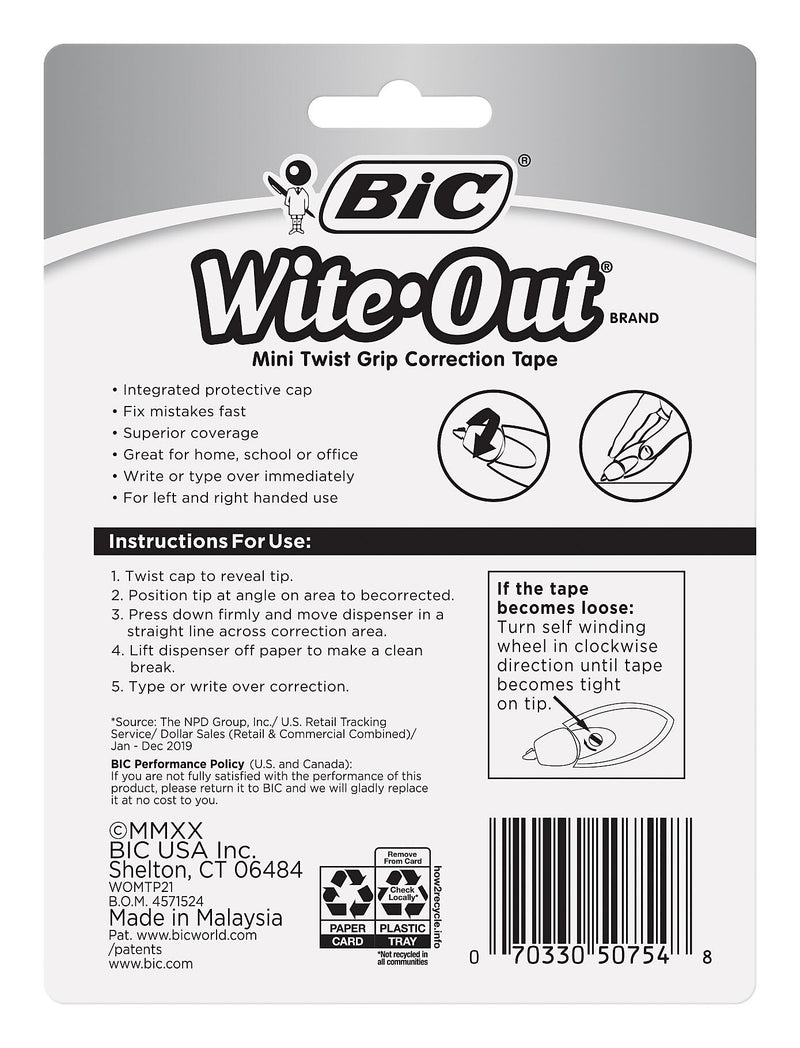 BIC Wite-Out Mini Correction Tape, White, 2/Pack (50754)