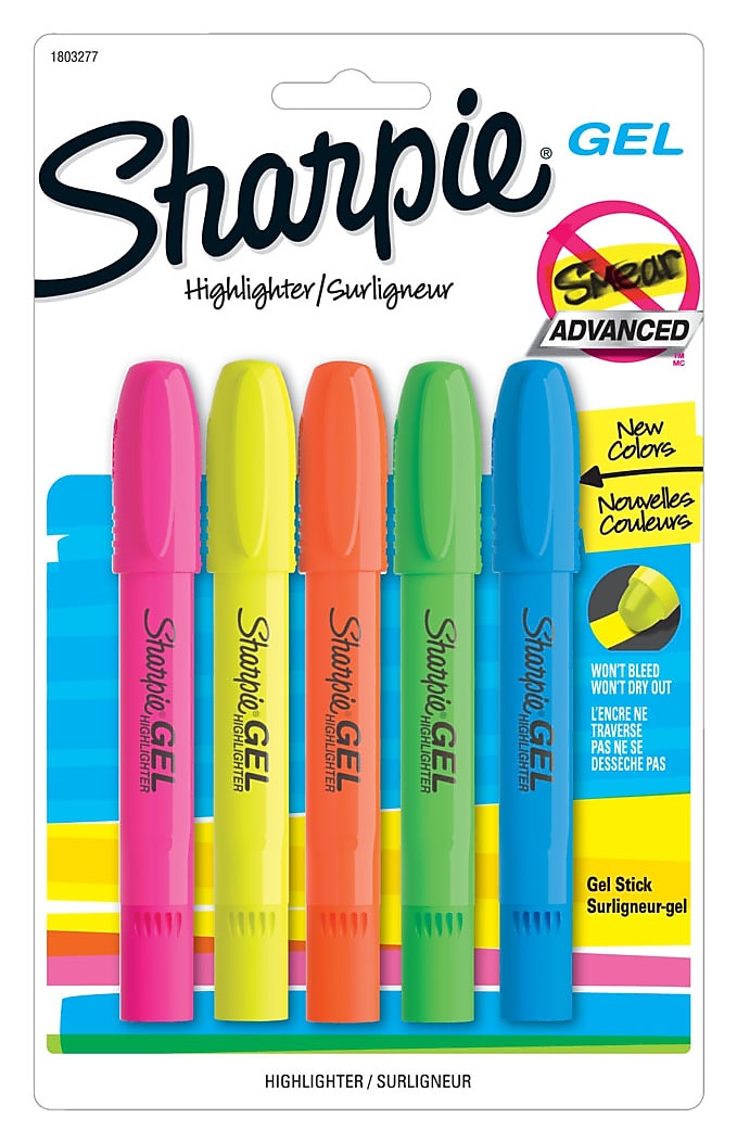 Sharpie Gel Stick Highlighter, Bullet Tip, Assorted, 5/Pack (1803277)