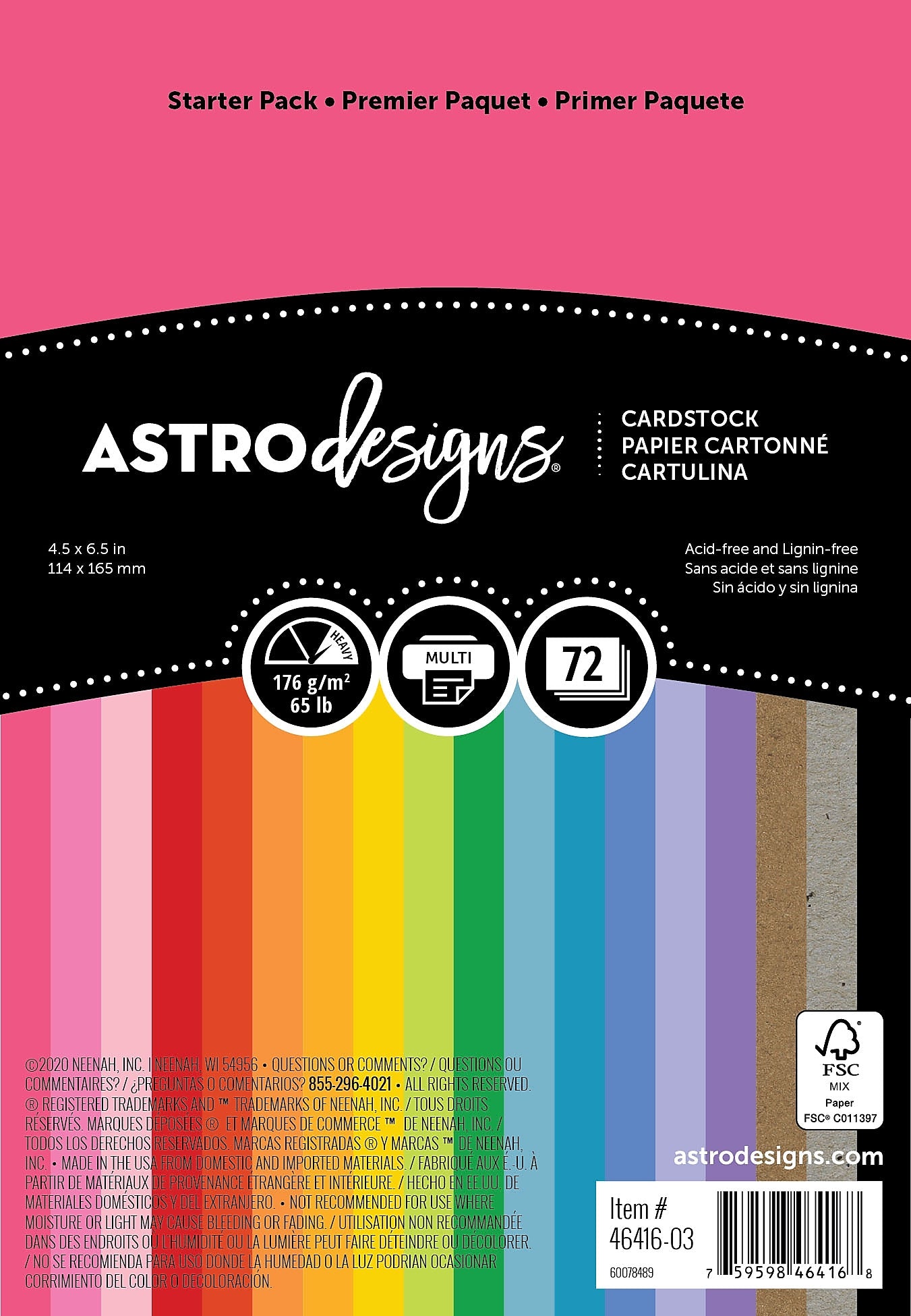 Neenah Paper Astrodesigns 65 lb. Cardstock Paper, Starter Pack, 72 Sheets/Pack (46416-02/03)
